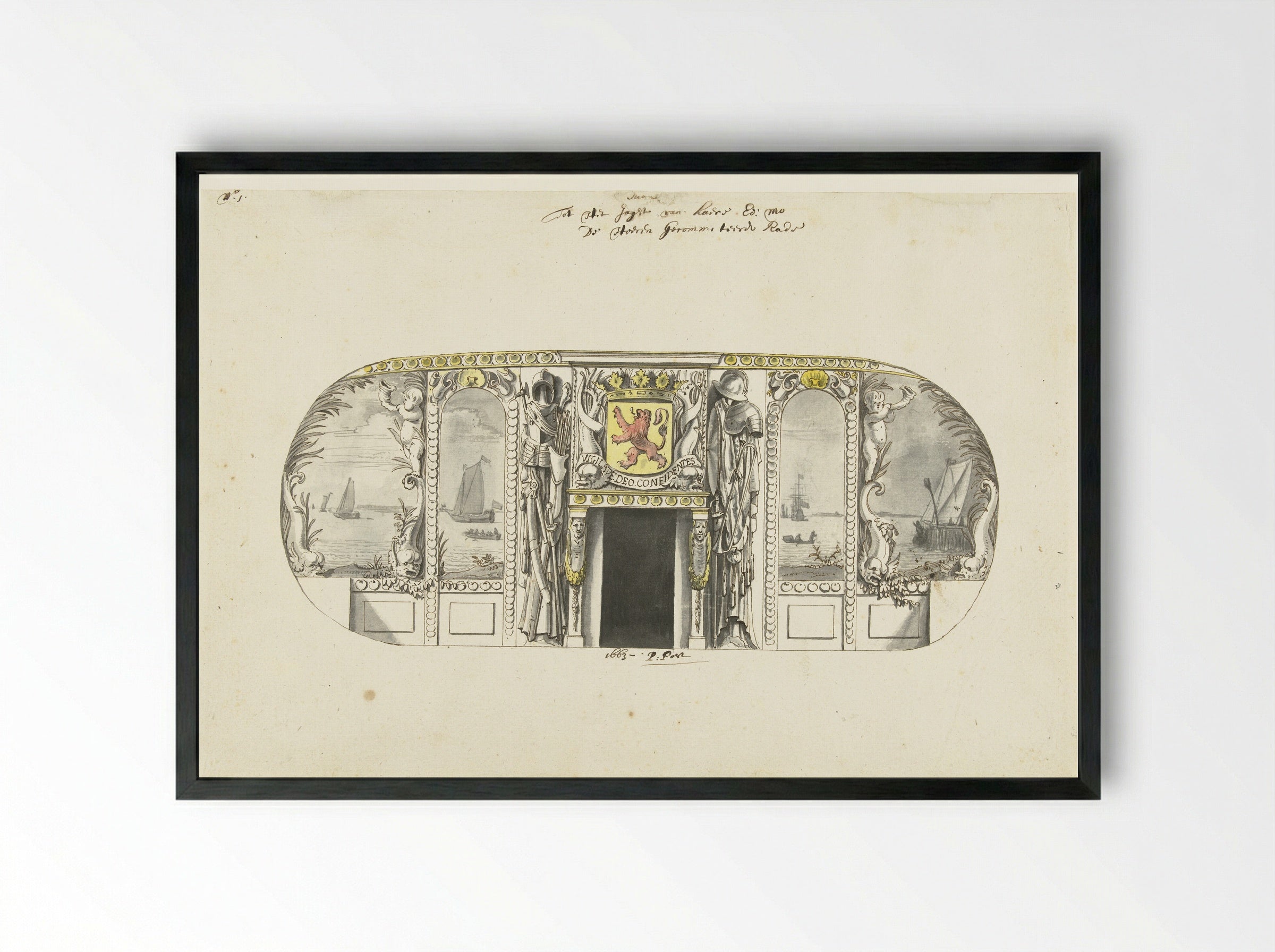 Interieurdecoratie van statenjacht met zeegezichten - Pieter Jansz. Post - Framed Print Black