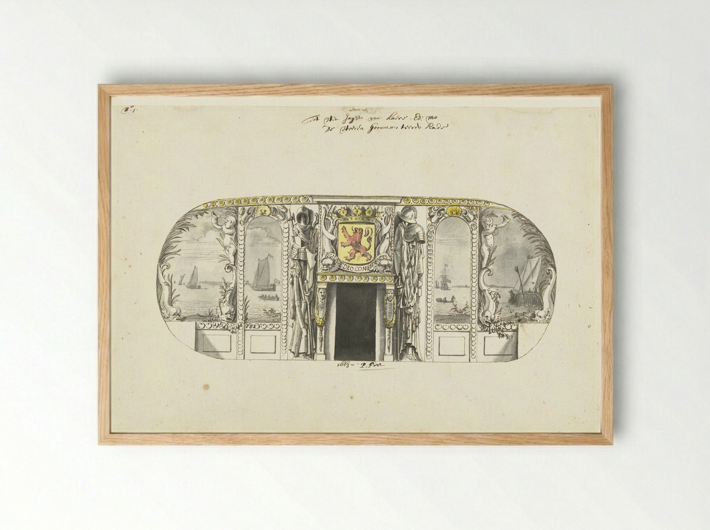 Interieurdecoratie van statenjacht met zeegezichten - Pieter Jansz. Post - Framed Print Wood