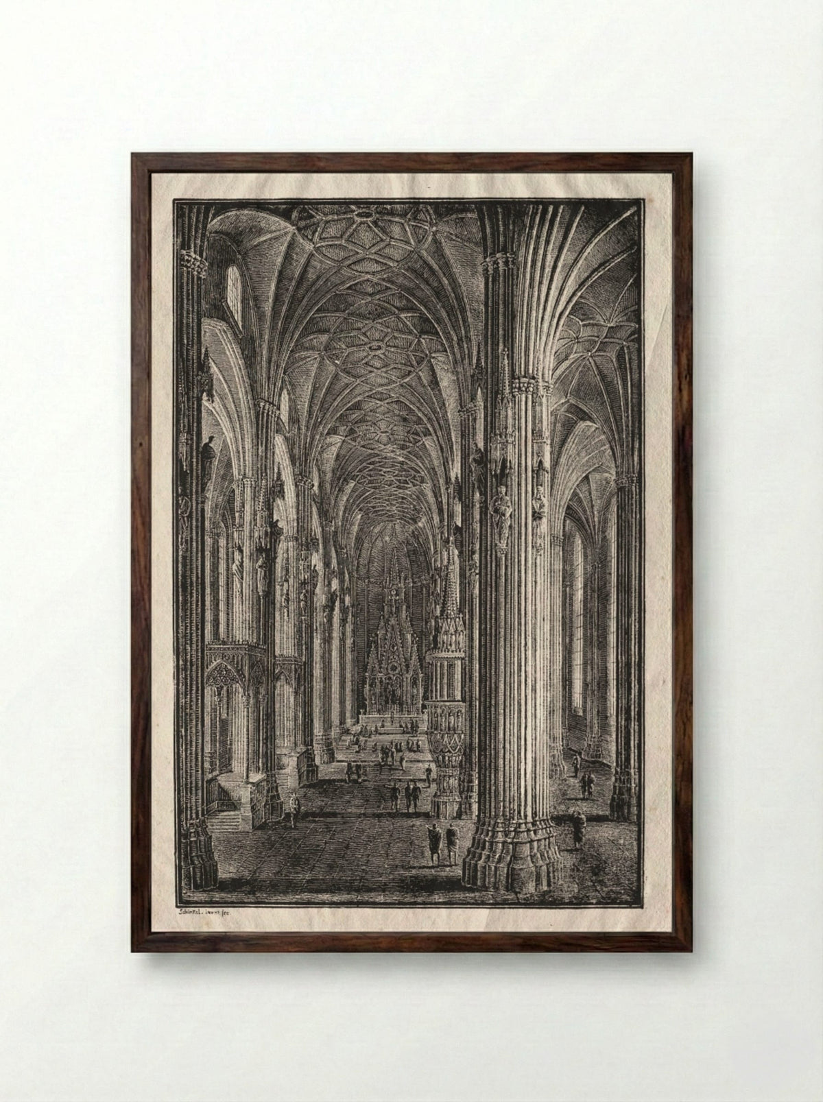 Interior of St. Stephen's Cathedral in Vienna - Karl Friedrich Schinkel - Framed Print Dark Wood