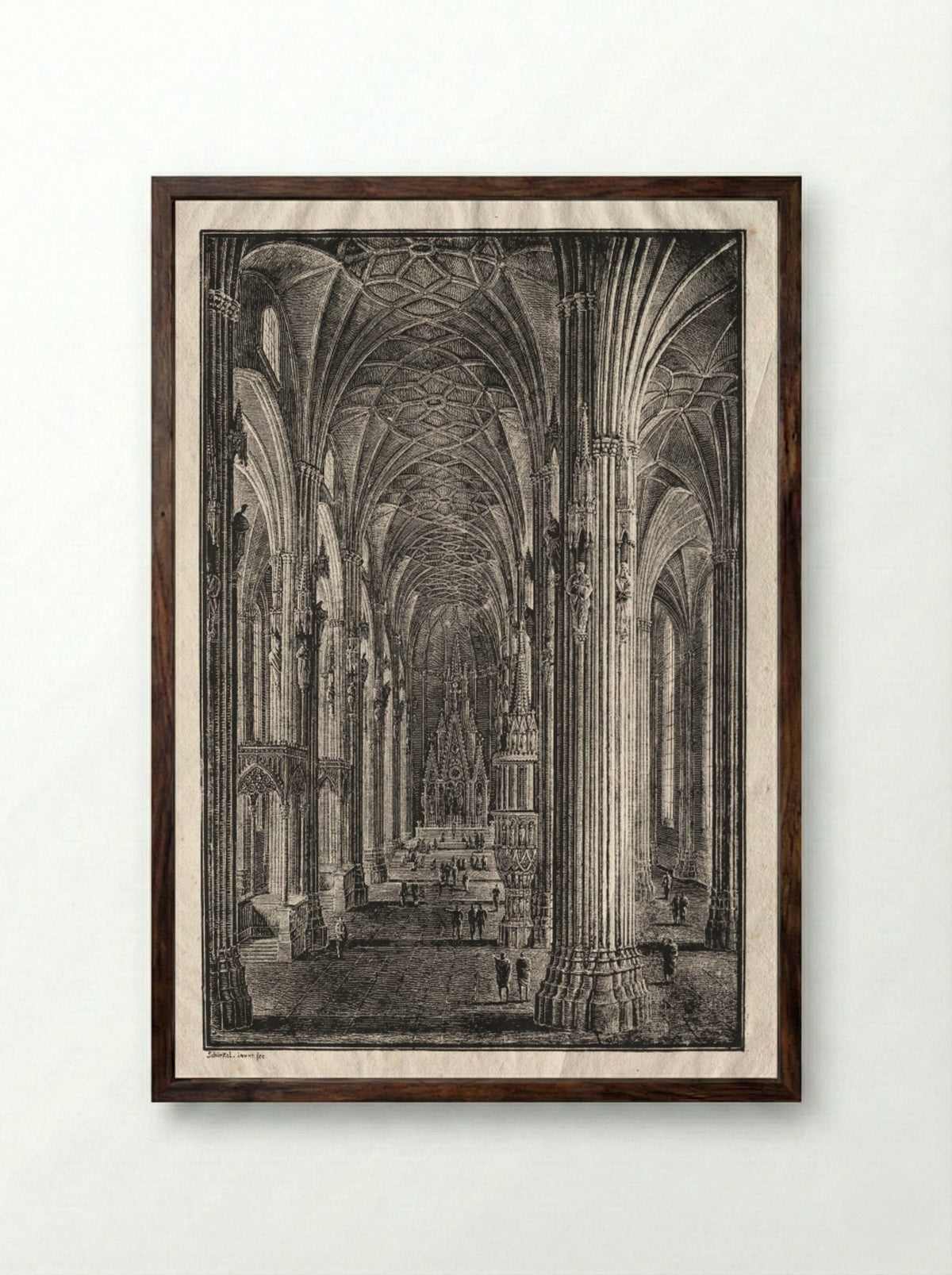 Interior of St. Stephen's Cathedral in Vienna - Karl Friedrich Schinkel - Framed Print Dark Wood