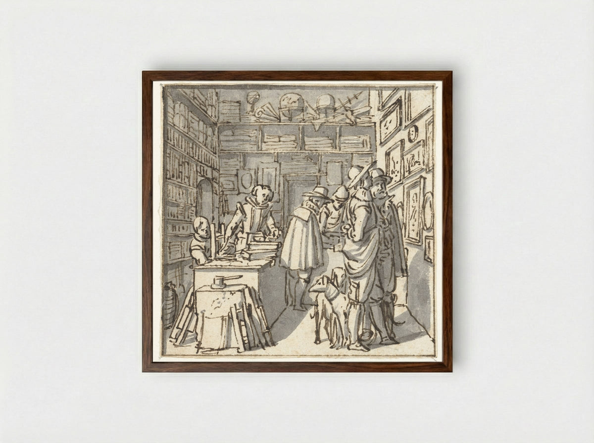 Interior of a Bookshop - Salomon de Bray - Framed Print Dark Wood