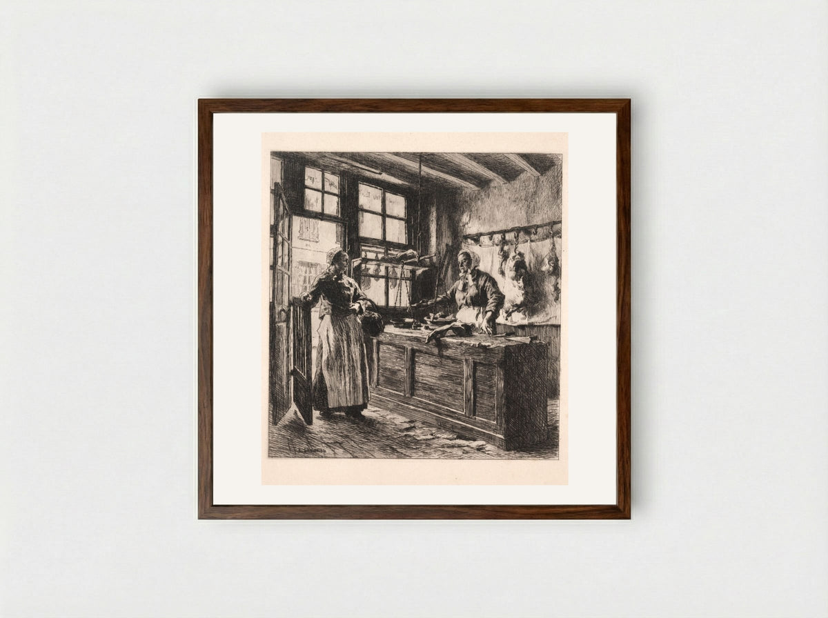 Interior of a Butcher Shop - Léon Augustin Lhermitte - Framed Print Dark Wood