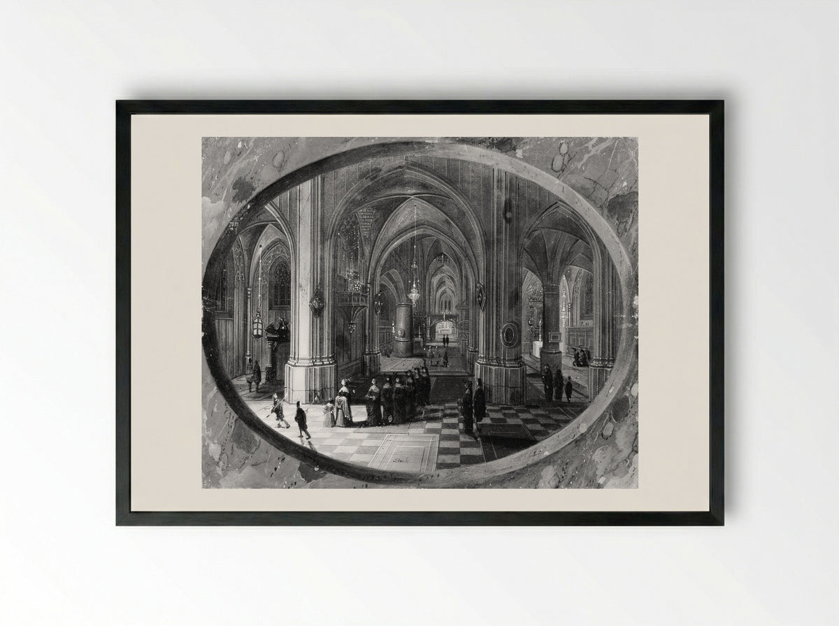 Interior of a Gothic Church at Night - Pieter Neeffs the Elder - Framed Print Black
