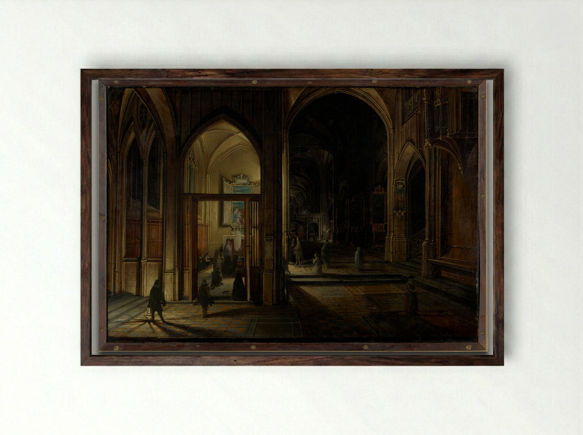 Interior of a Gothic Church at Night - Pieter Neeffs the Younger - Framed Print Dark Wood