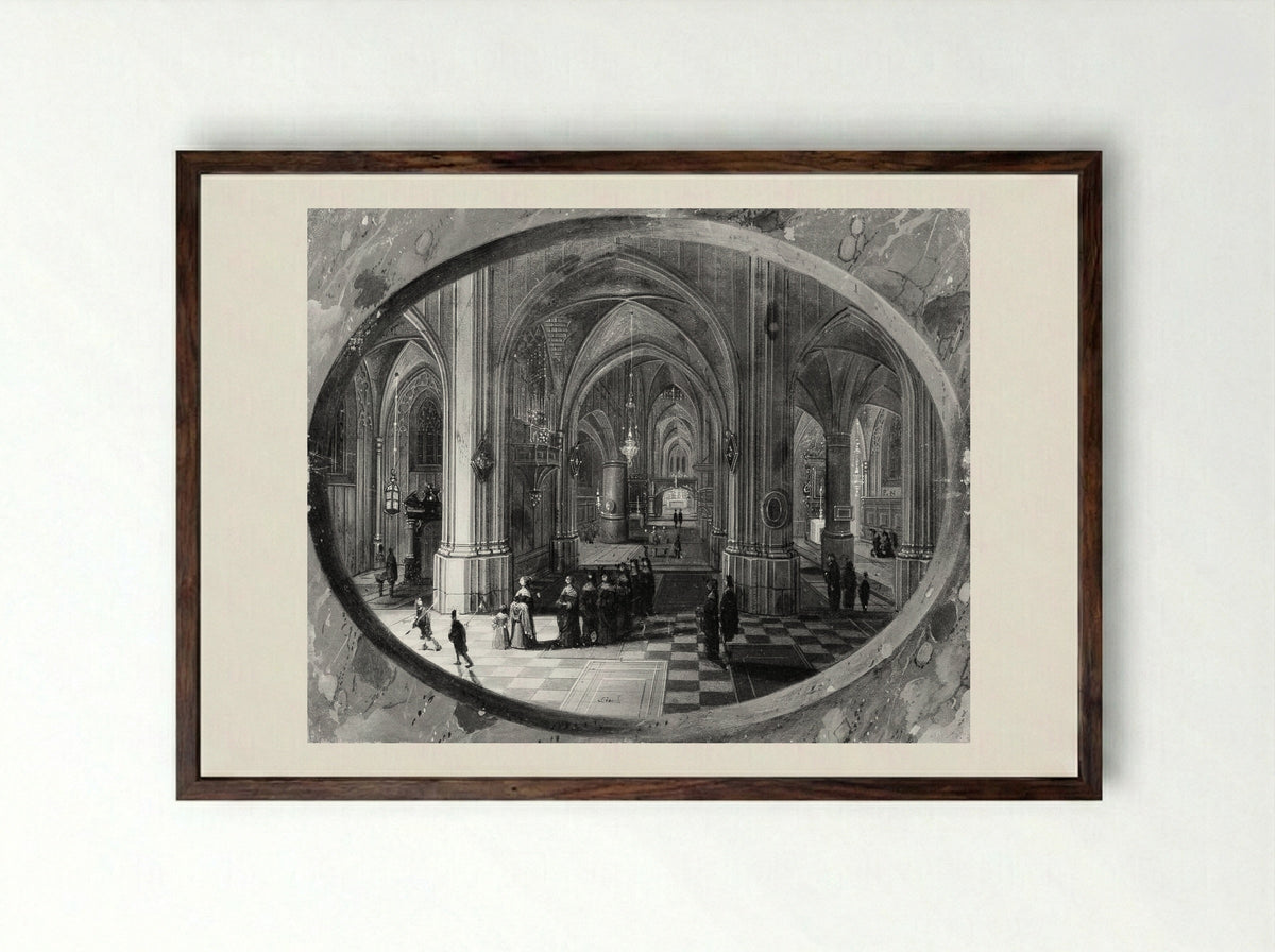 Interior of a Gothic Church at Night - Pieter Neeffs the Elder - Framed Print Dark Wood