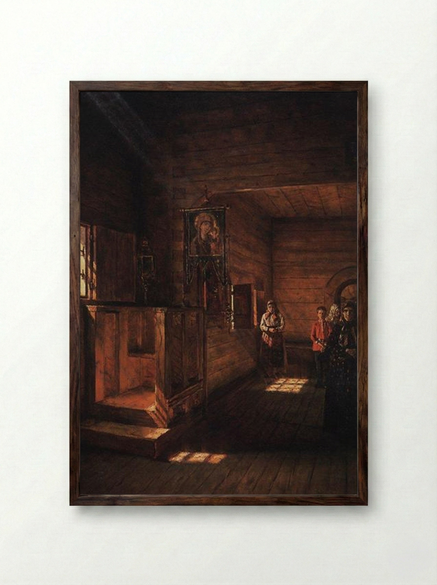 Interior of the Church of St. John the Evangelist on the Ishna near Rostov Yaroslavsky - Vasily Vereshchagin - Framed Print Dark Wood