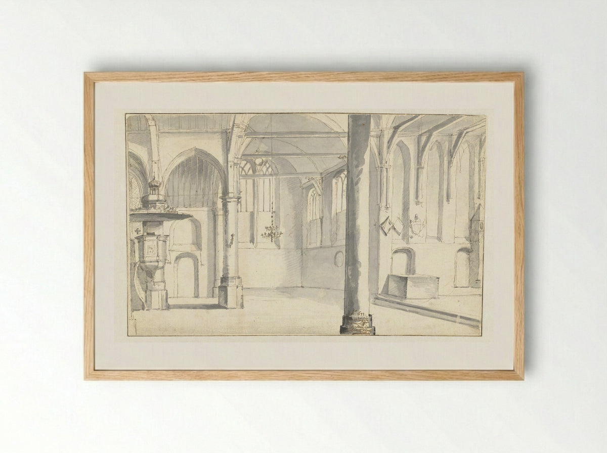 Interior of the Sint-Odulphuskerk in Assendelft - Pieter Jansz Saenredam - Framed Print Wood