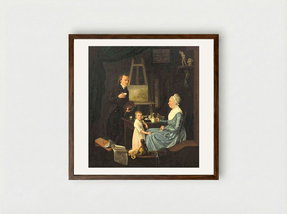 Interior with Sewing Woman, Maid and Playing Child - Hendrik Jan van Amerom - Framed Print Dark Wood
