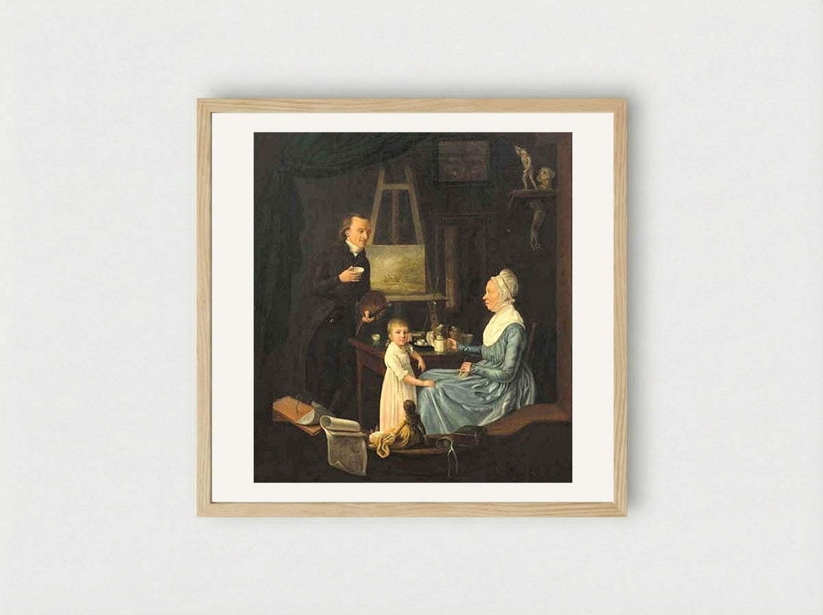 Interior with Sewing Woman, Maid and Playing Child - Hendrik Jan van Amerom - Framed Print Wood