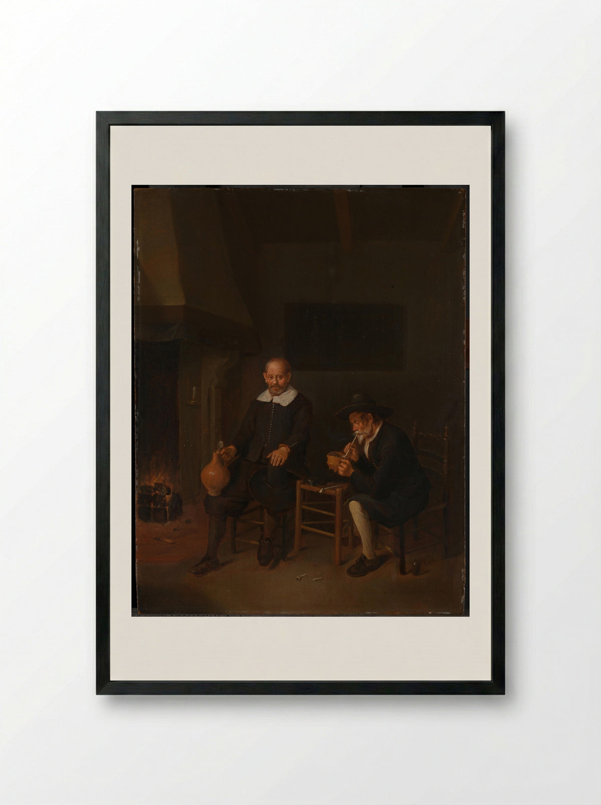 Interior with Two Men by the Fire - Quiringh Gerritsz. van Brekelenkam - Framed Print Black