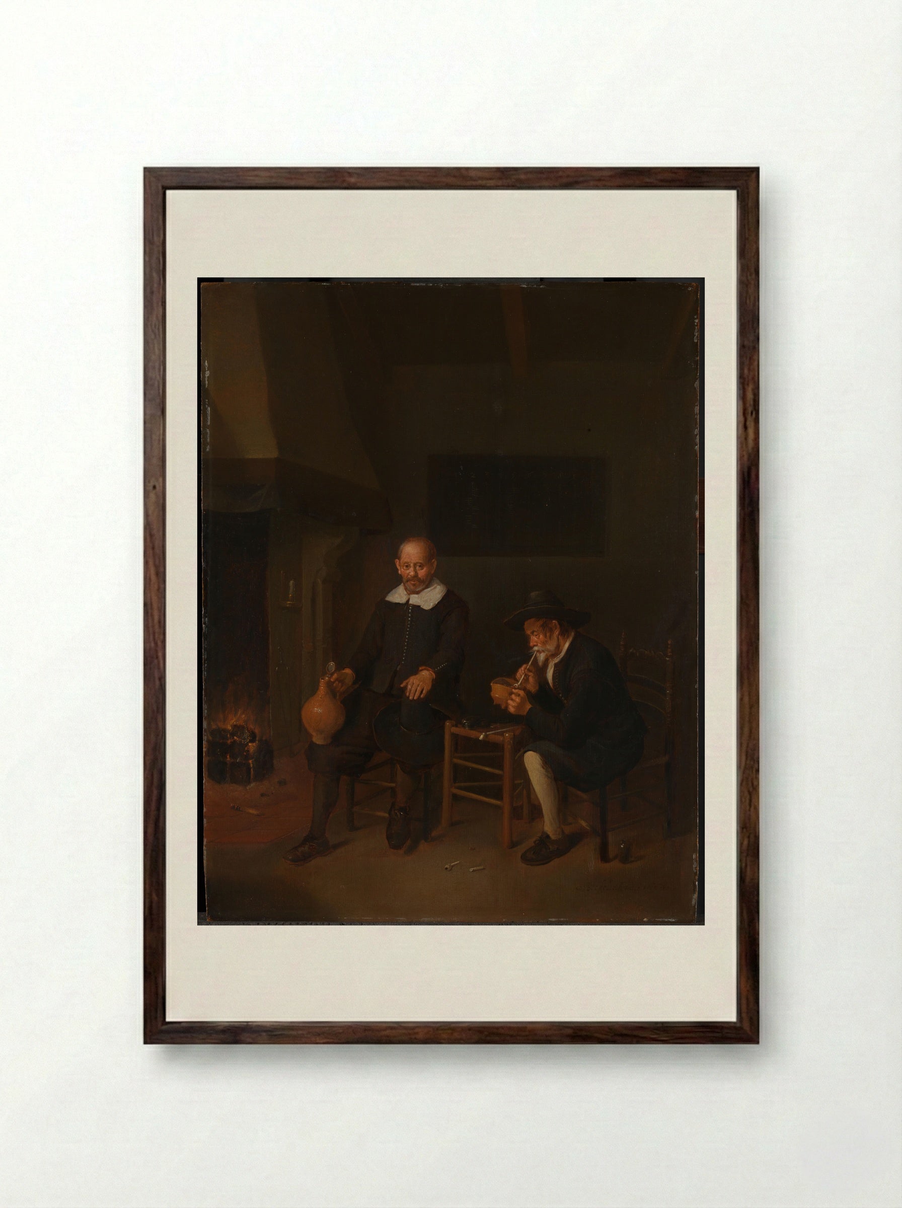 Interior with Two Men by the Fire - Quiringh Gerritsz. van Brekelenkam - Framed Print Dark Wood