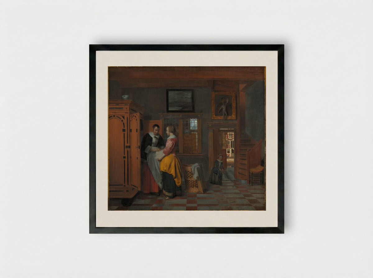 Interior with Women beside a Linen Cupboard - Pieter de Hooch - Framed Print Black