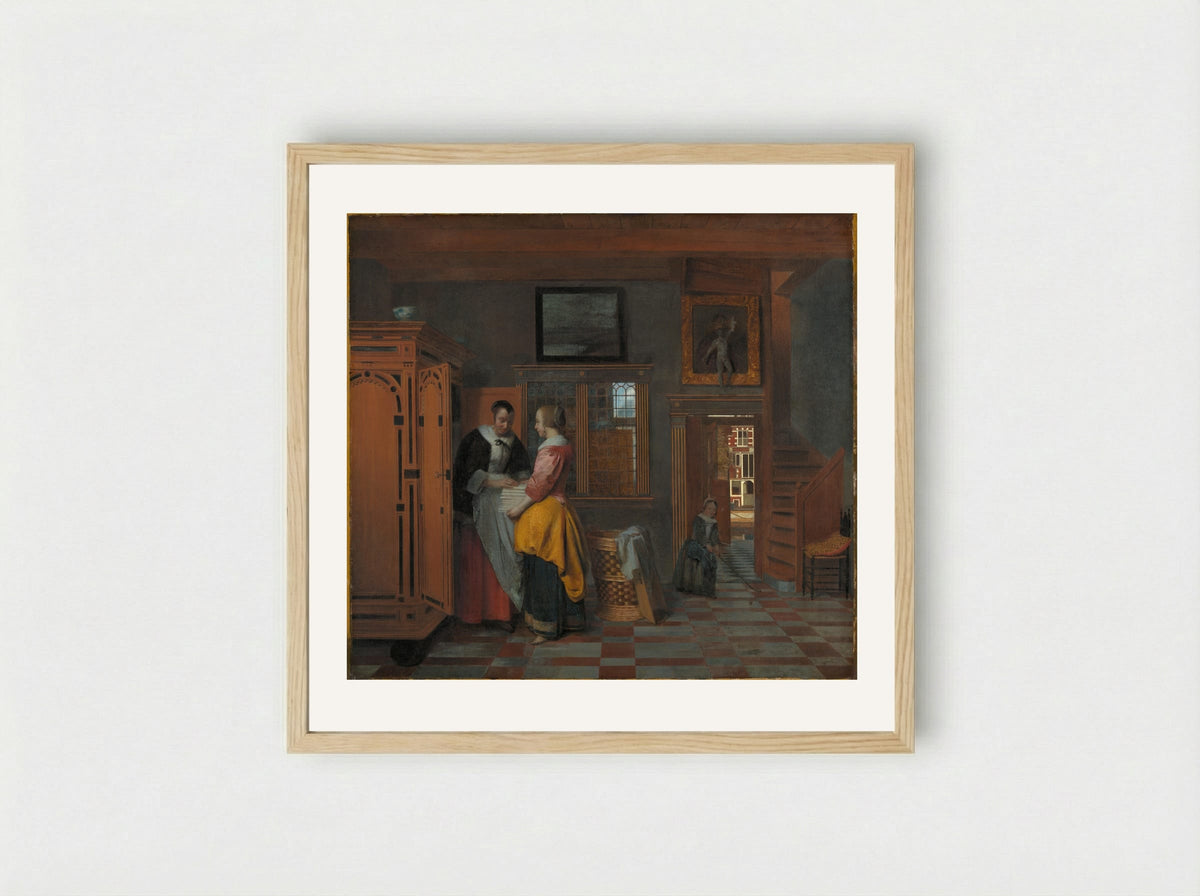 Interior with Women beside a Linen Cupboard - Pieter de Hooch - Framed Print Wood