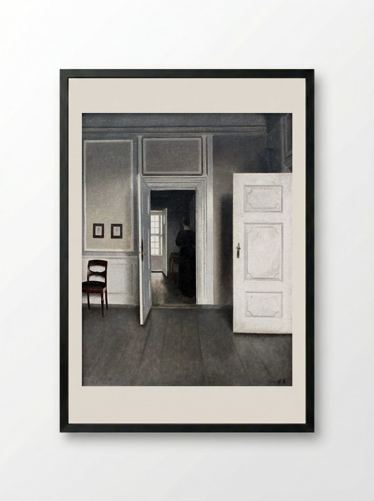 Interior with Young Woman Seen from the Back - Vilhelm Hammershøi - Framed Print Black
