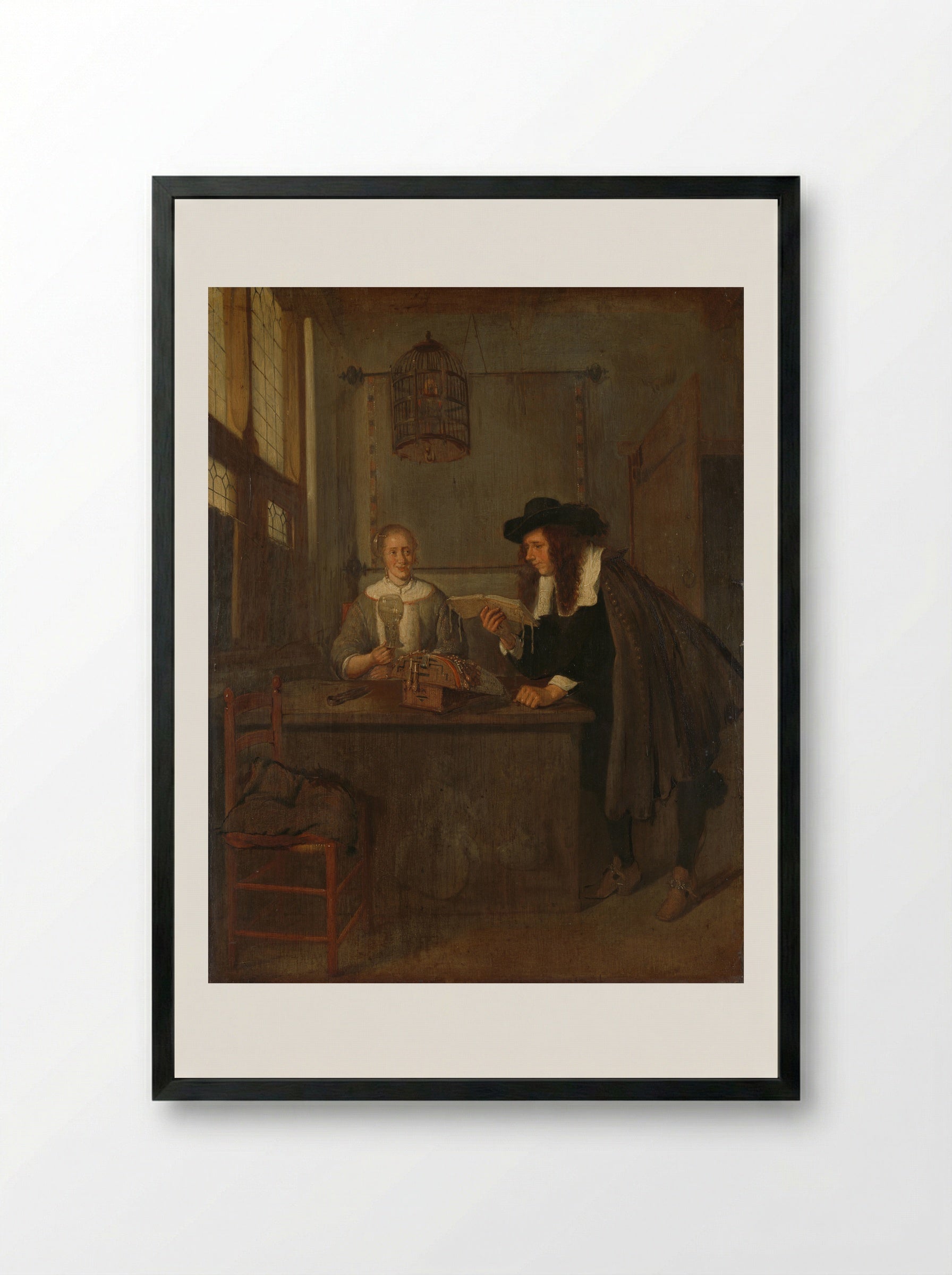 Interior with a Lace Maker and a Visitor - Quiringh Gerritsz. van Brekelenkam - Framed Print Black