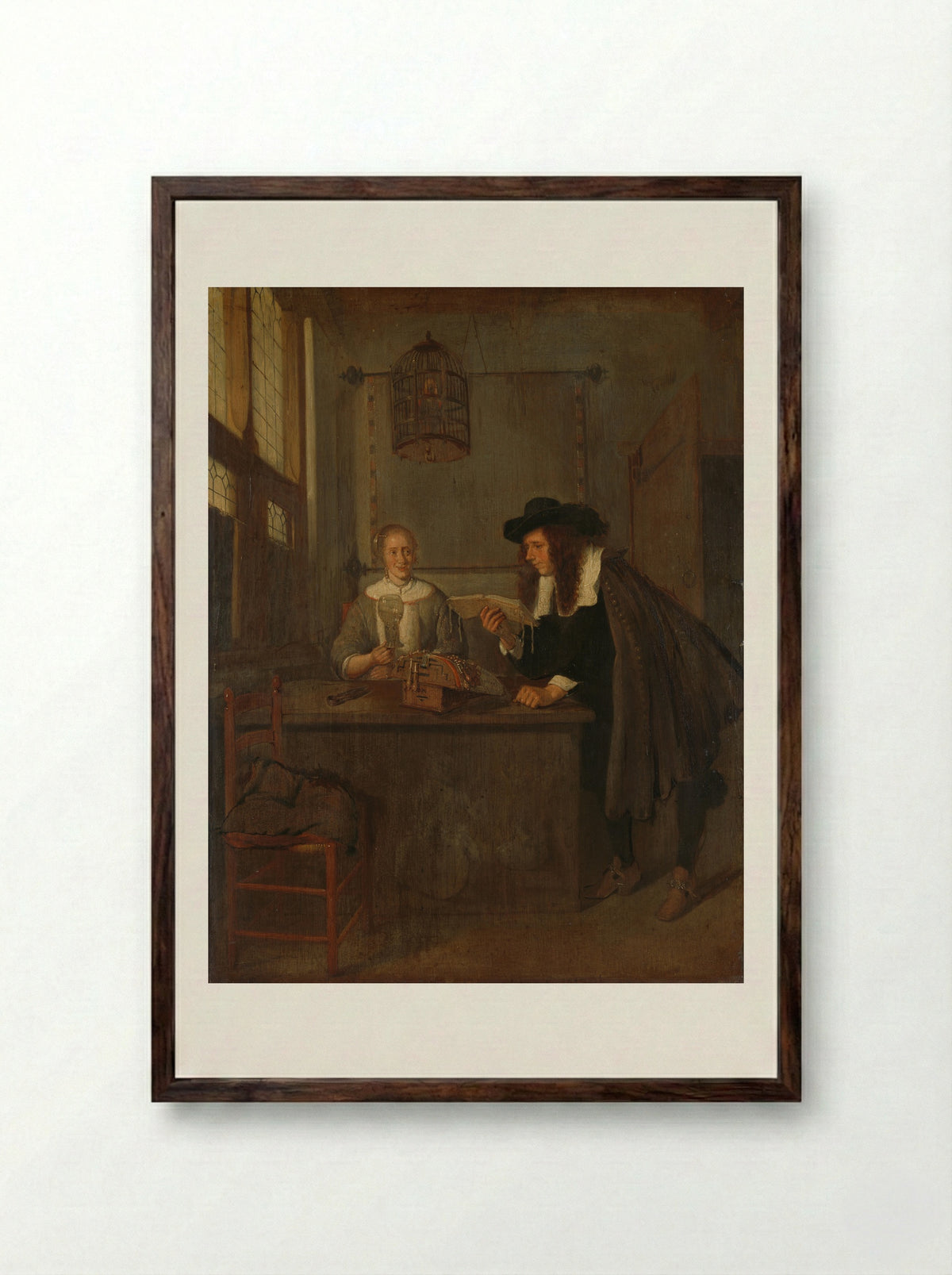 Interior with a Lace Maker and a Visitor - Quiringh Gerritsz. van Brekelenkam - Framed Print Dark Wood