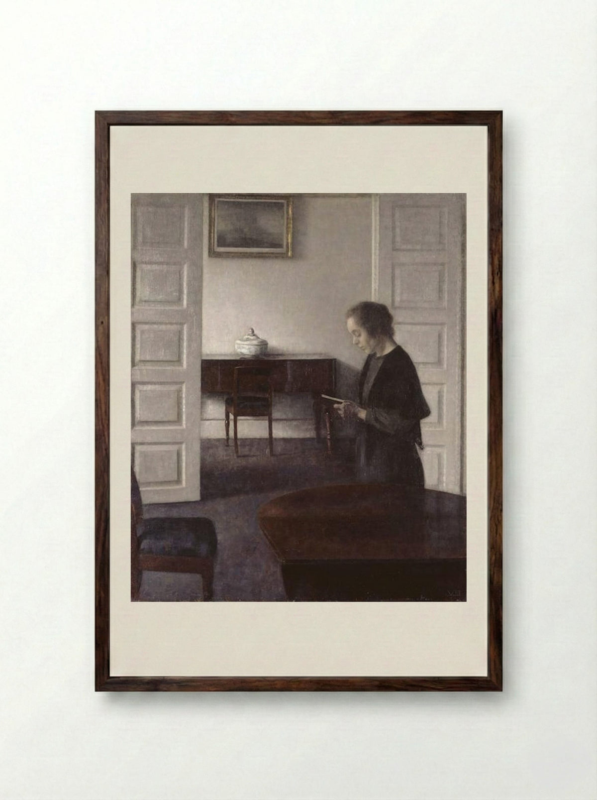 Interior with a Reading Lady - Vilhelm Hammershøi - Framed Print Dark Wood