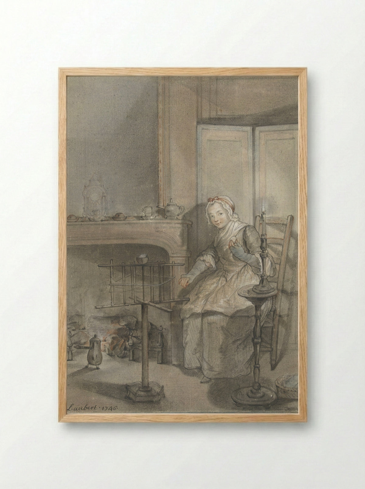 Interior with a Young Woman Winding Wool - Louis Aubert - Framed Print Wood