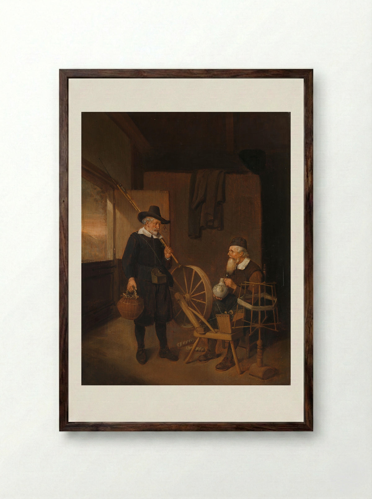Interior with an Angler and a Man at a Spinning Wheel - Quiringh Gerritsz. van Brekelenkam - Framed Print Dark Wood