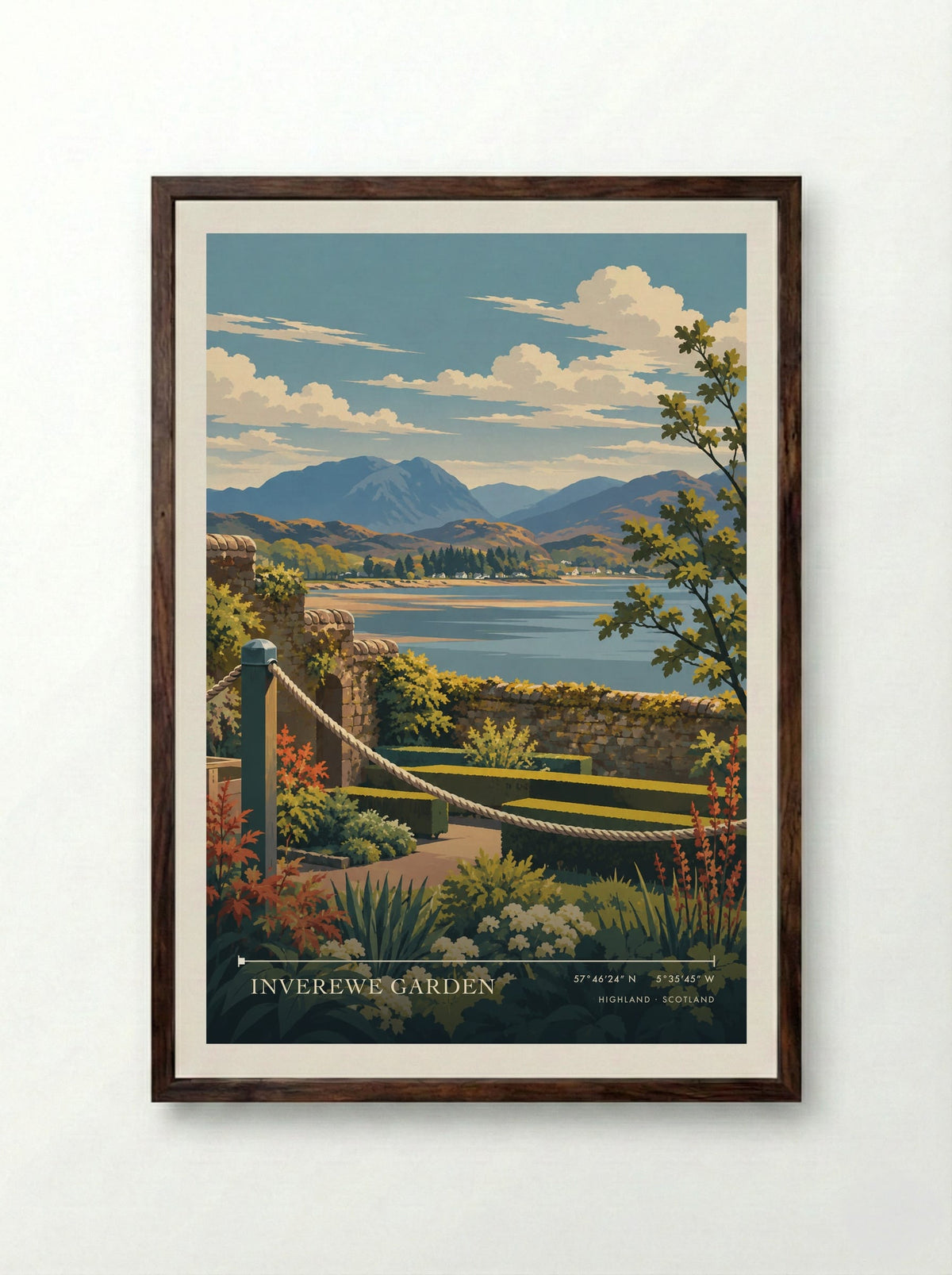 Inverewe Garden, Highland | Travel Poster - Framed Print Dark Wood