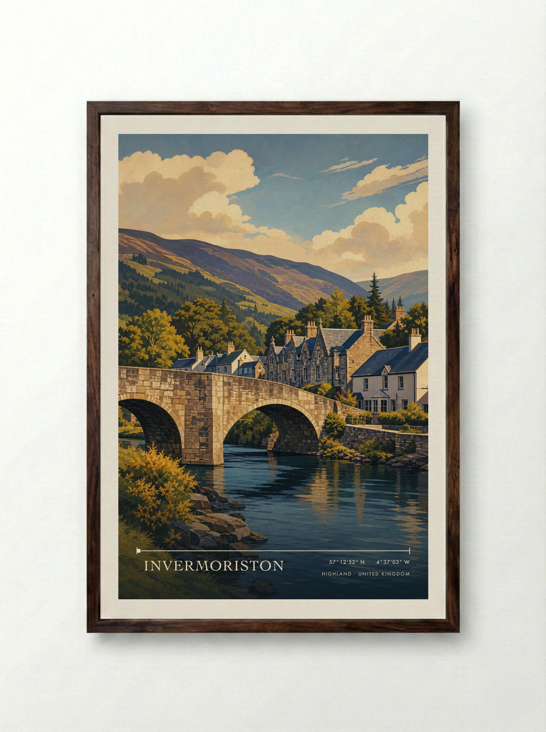 Invermoriston Highland United Kingdom Travel Poster - Framed Print Dark Wood