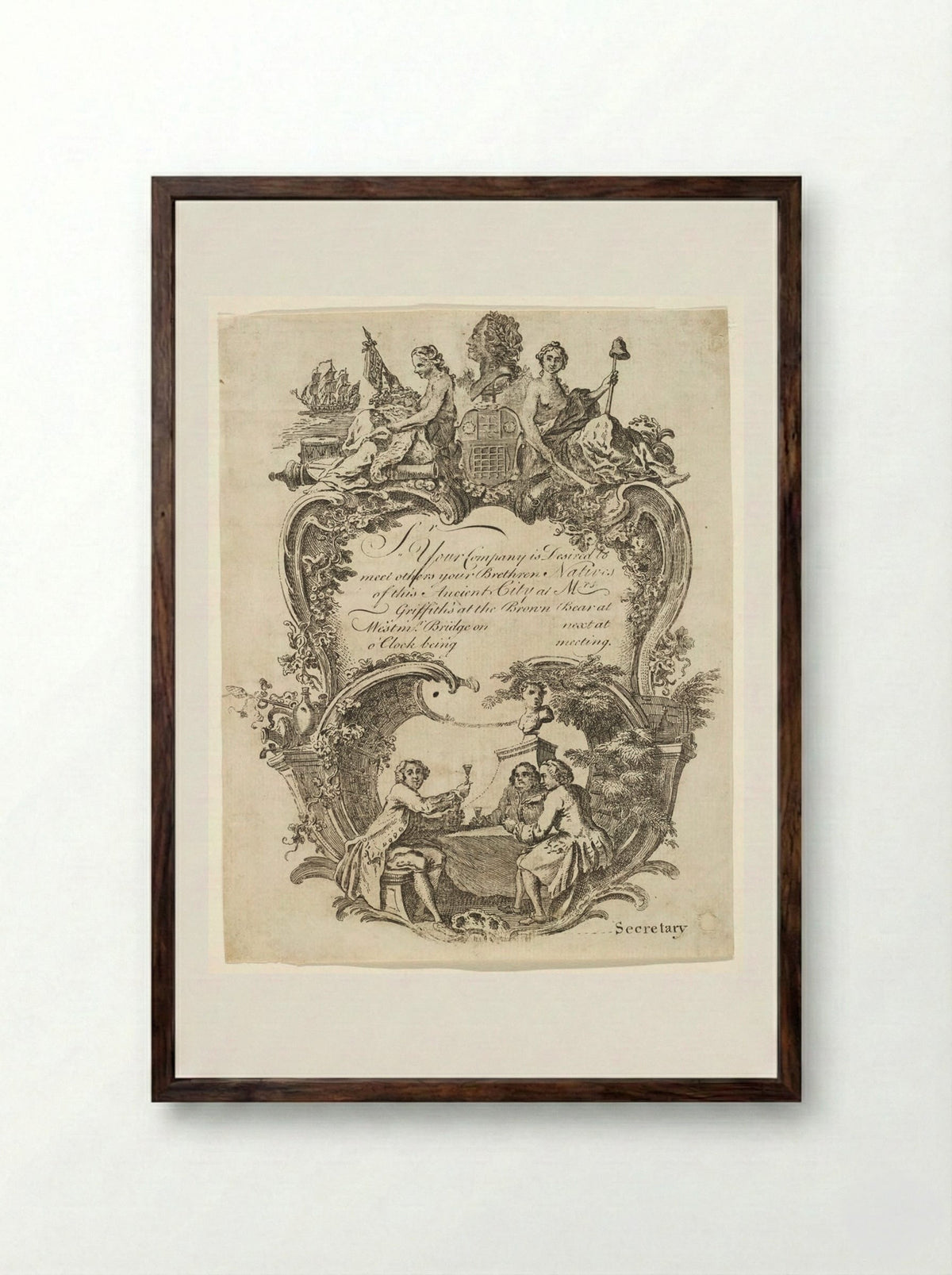 Invitation to a Meeting of the Brethren Natives of Westminster - Hubert François Bourguignon Gravelot - Framed Print Dark Wood