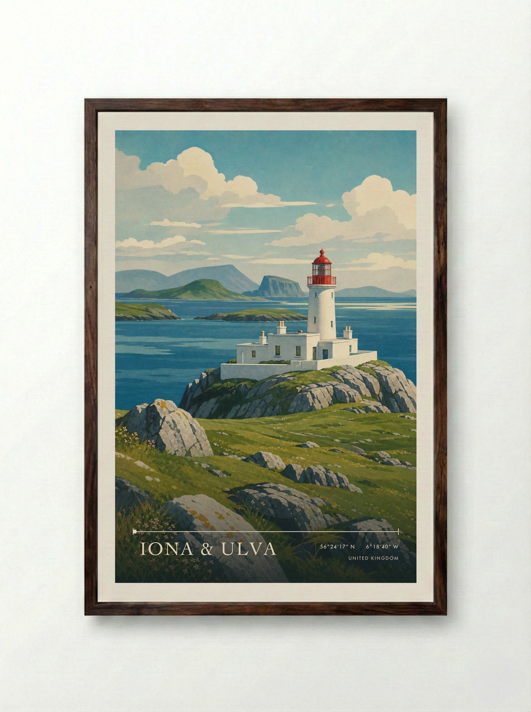 Iona & Ulva United Kingdom Travel Poster - Framed Print Dark Wood