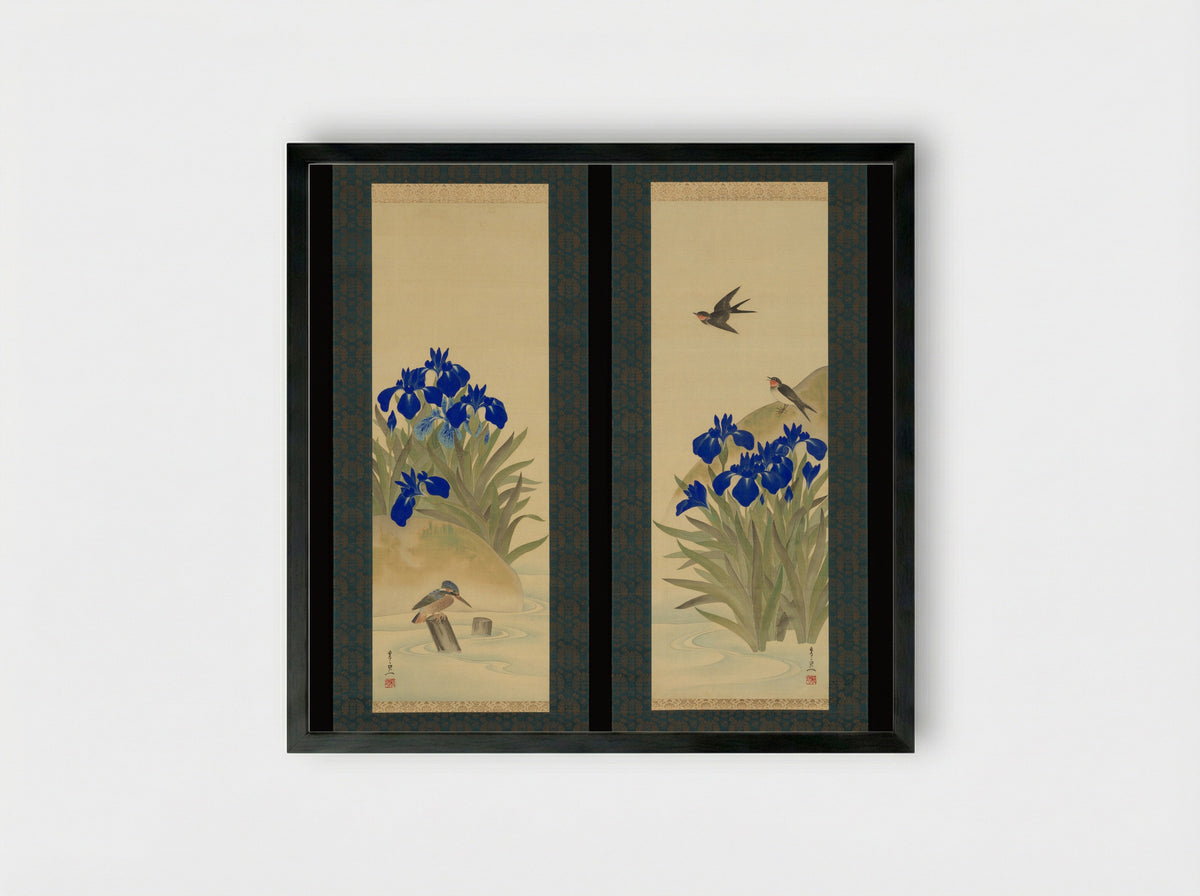 Irises and Birds - Suzuki Kiitsu - Framed Print Black