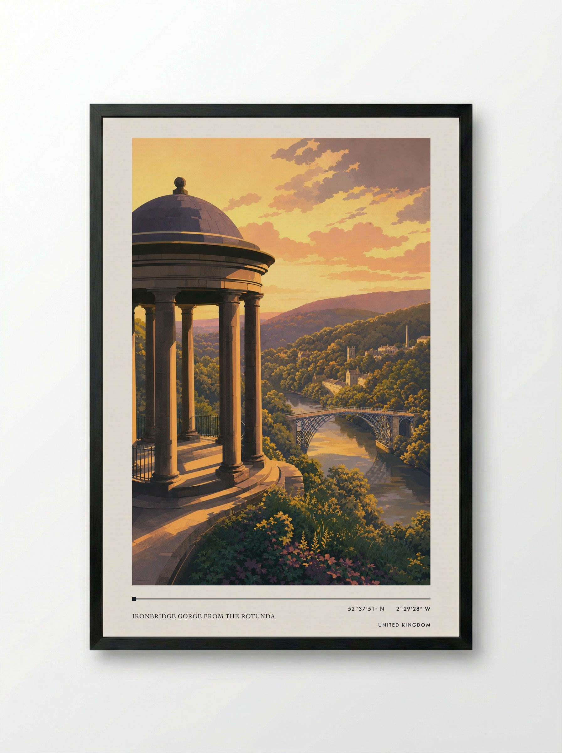 Ironbridge Gorge from the Rotunda United Kingdom Travel Poster - Framed Print Black