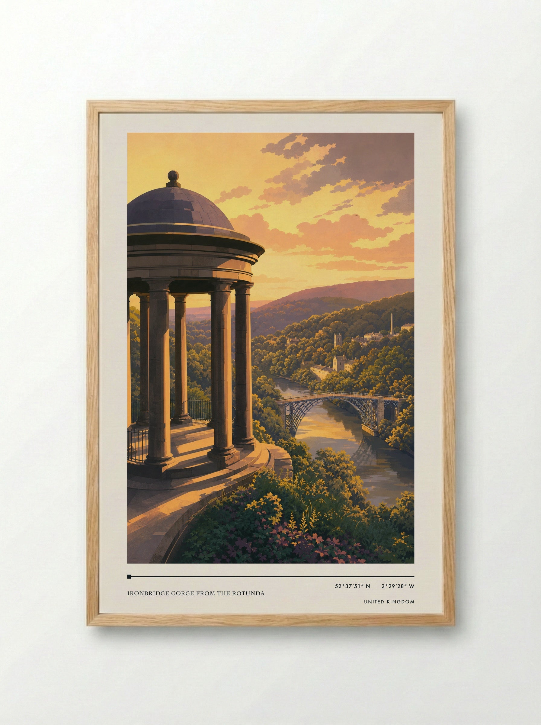 Ironbridge Gorge from the Rotunda United Kingdom Travel Poster - Framed Print Wood