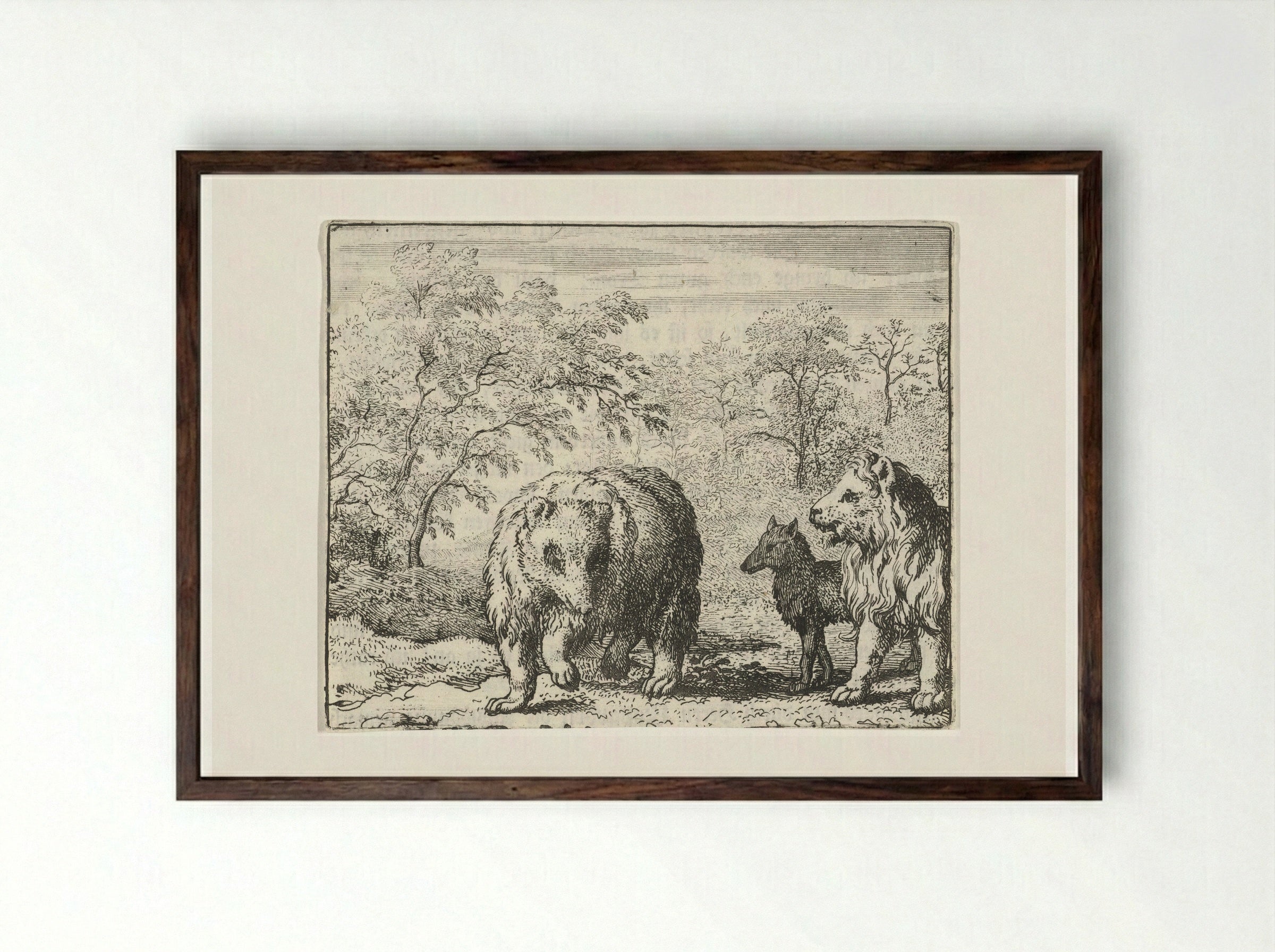 Isengrijn de wolf en Bruun de beer vrijgesproken - Allaert van Everdingen - Framed Print Dark Wood
