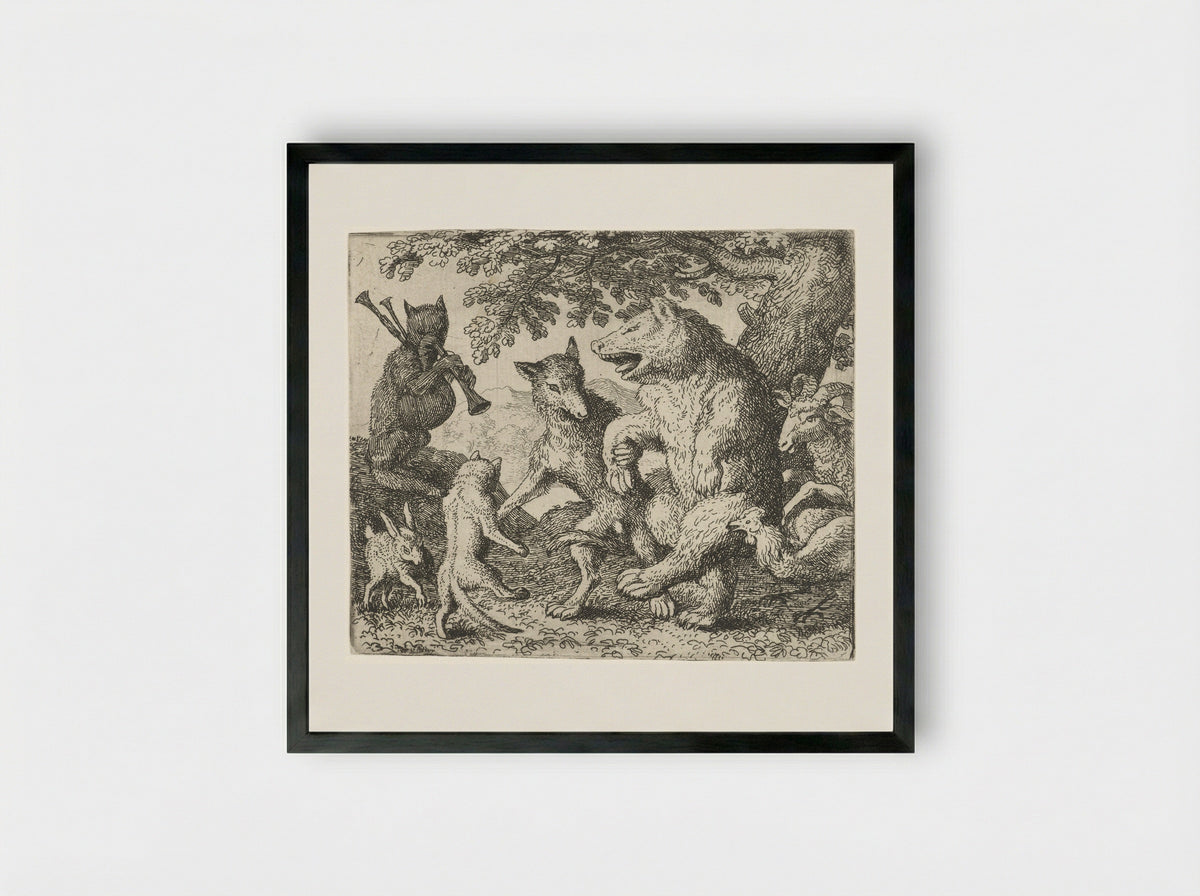 Isengrijn the Wolf and Bruin the Bear Celebrating - Allaert van Everdingen - Framed Print Black