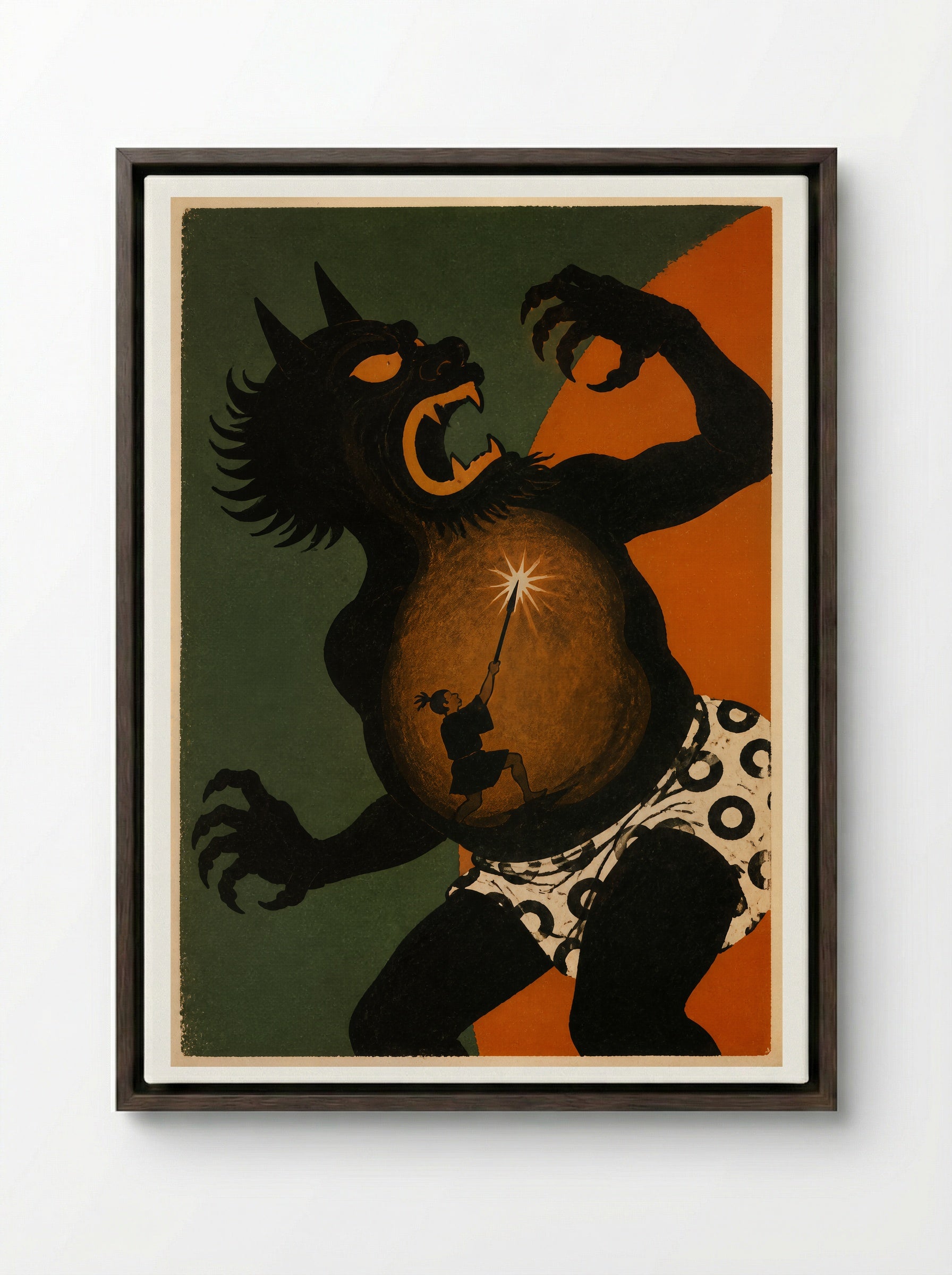 Issun-boshi and the Oni: Inside the Oni - Framed Canvas Dark Wood
