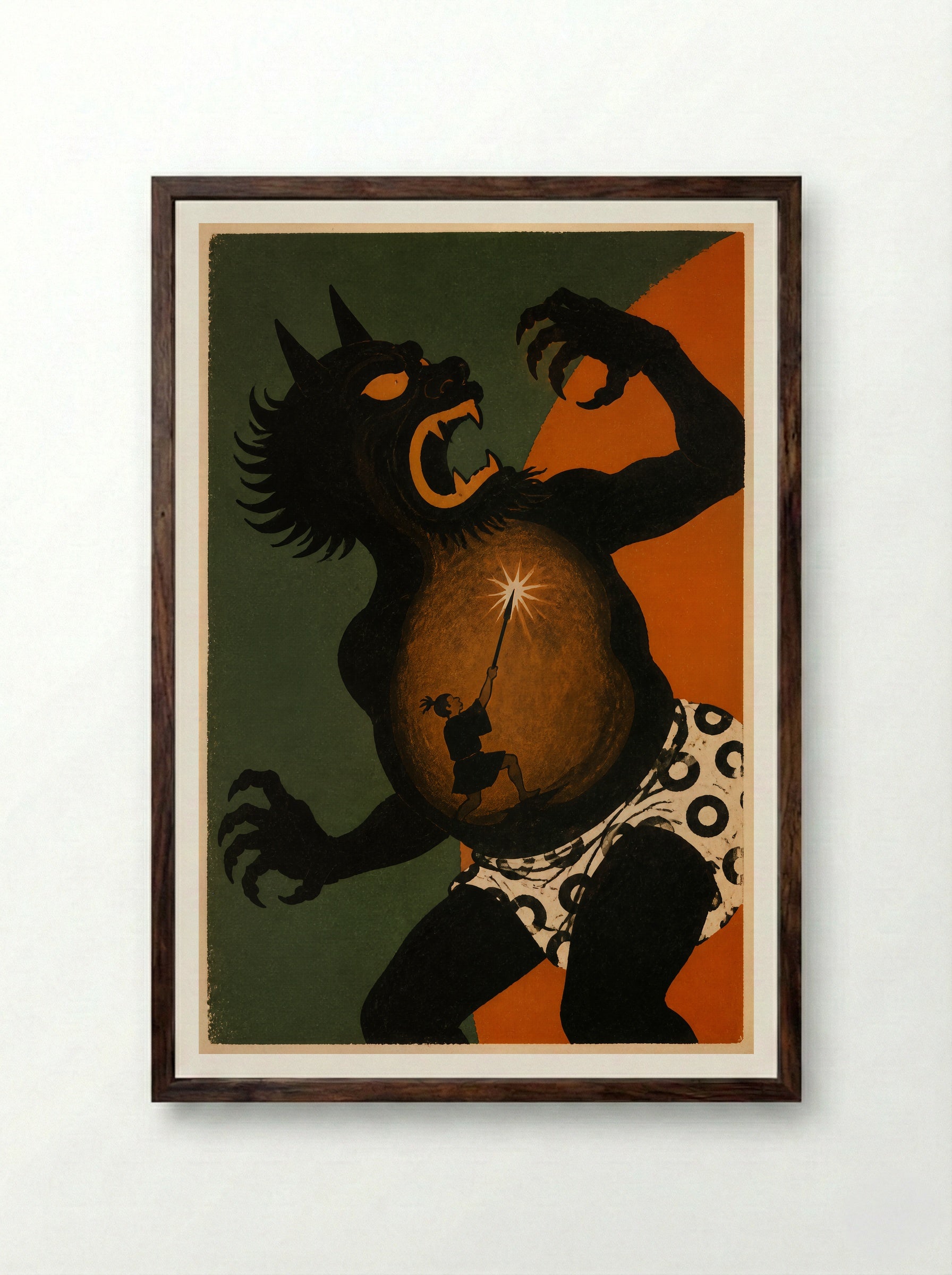 Issun-boshi and the Oni: Inside the Oni - Framed Print Dark Wood