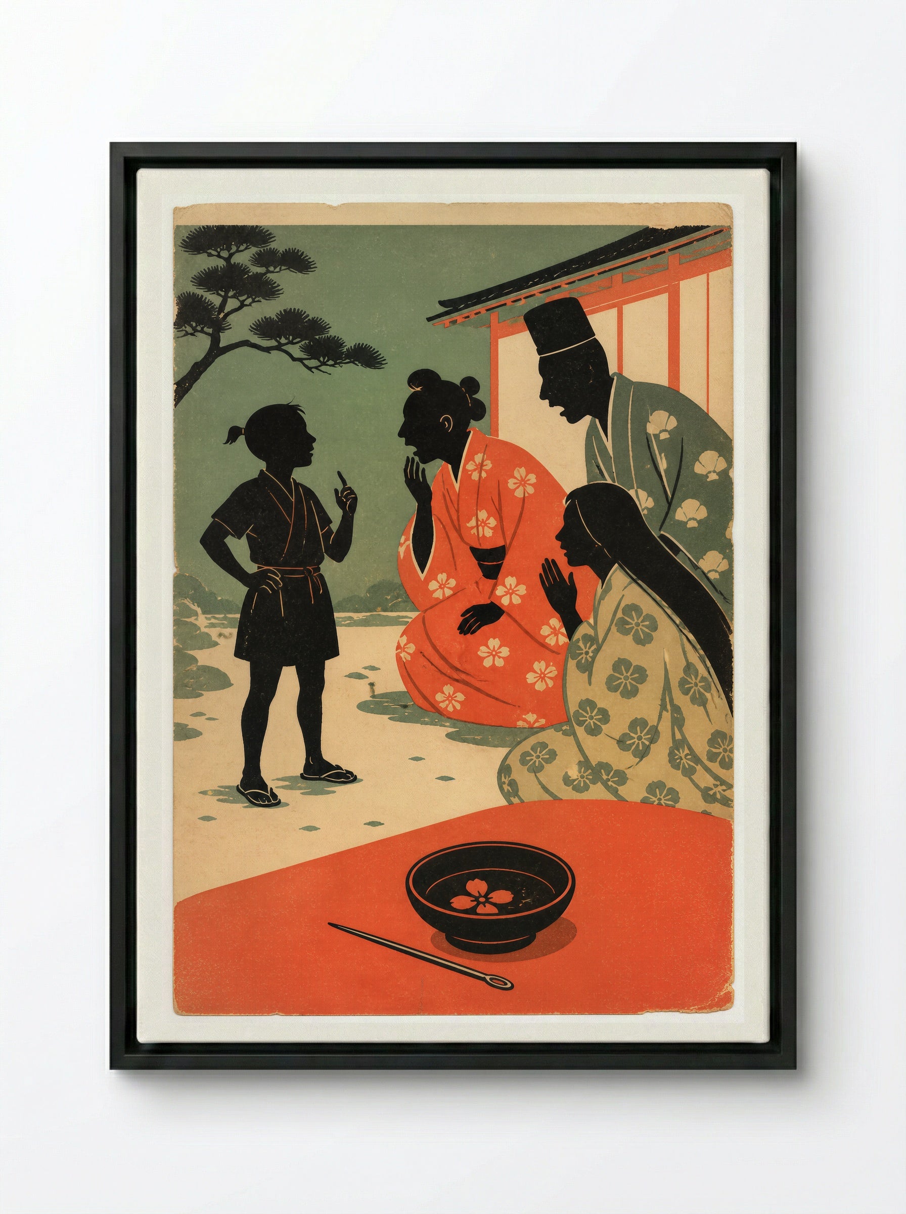Issun-boshi and the Oni: The Small Hero Is Seen - Framed Canvas Black