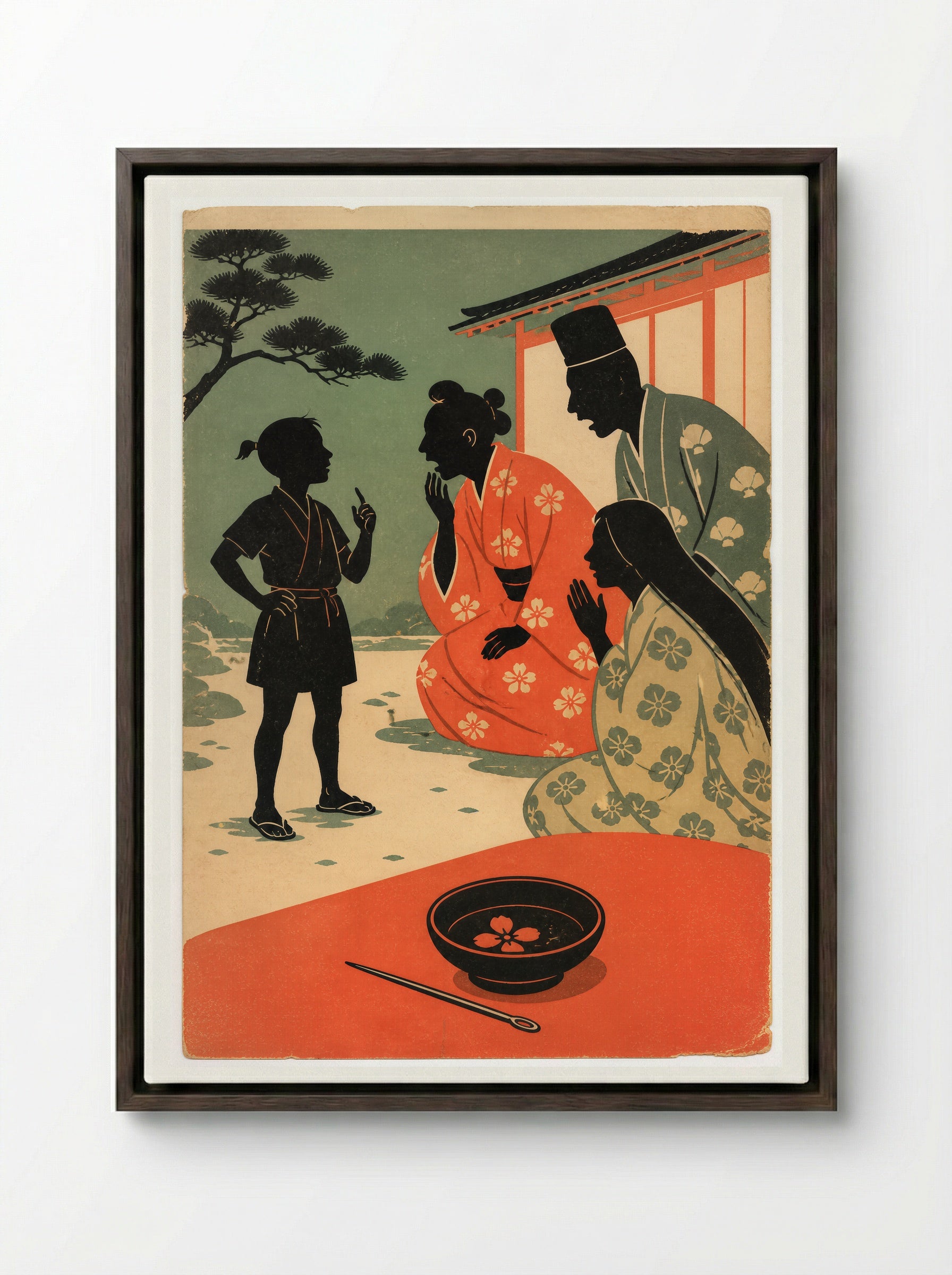 Issun-boshi and the Oni: The Small Hero Is Seen - Framed Canvas Dark Wood