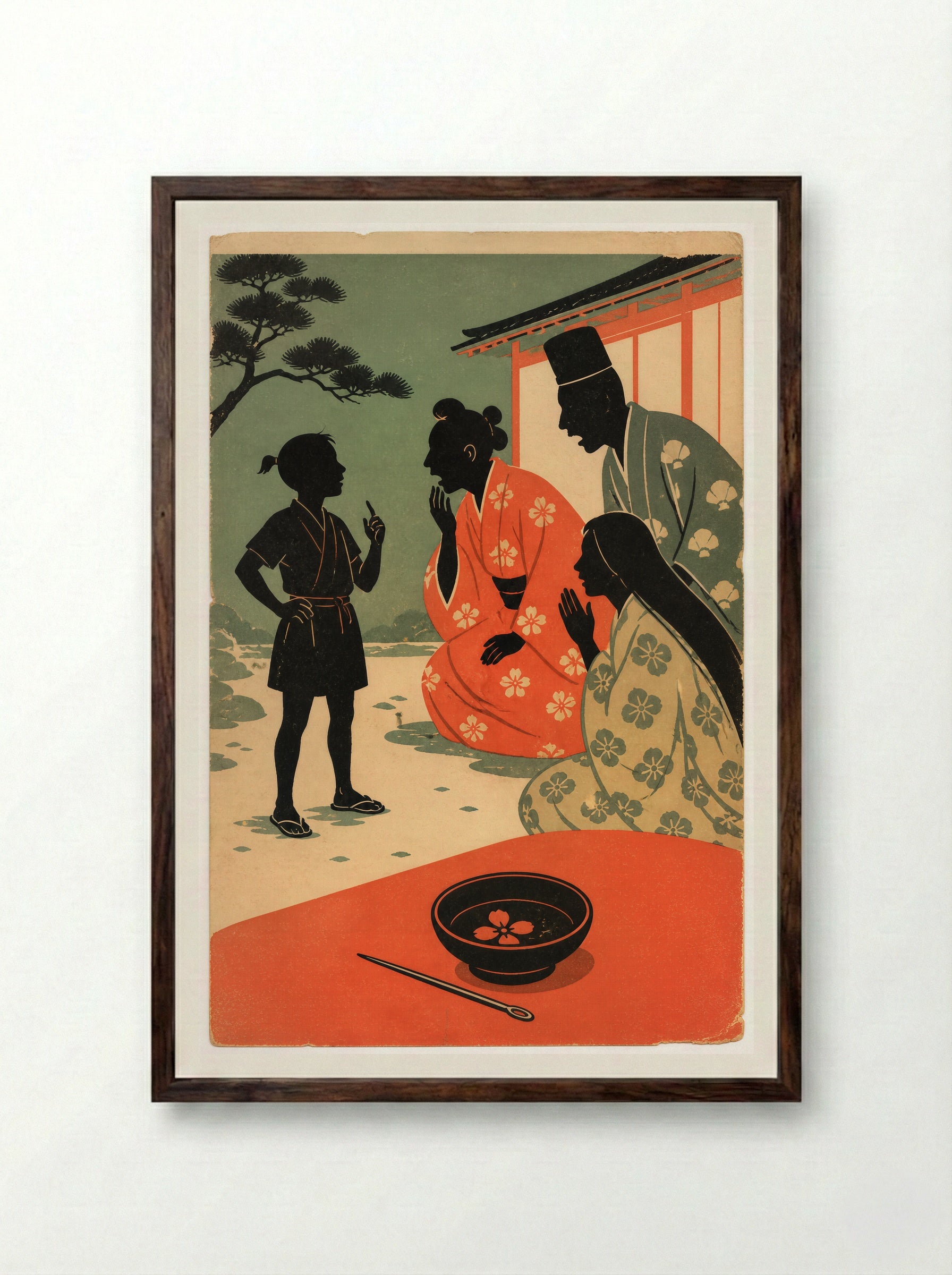 Issun-boshi and the Oni: The Small Hero Is Seen - Framed Print Dark Wood