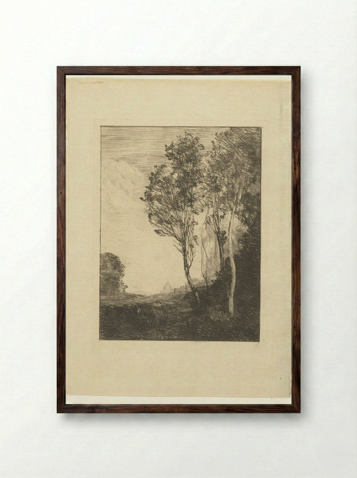 Italiaans landschap met bomen en kerk - Camille Corot - Framed Print Dark Wood