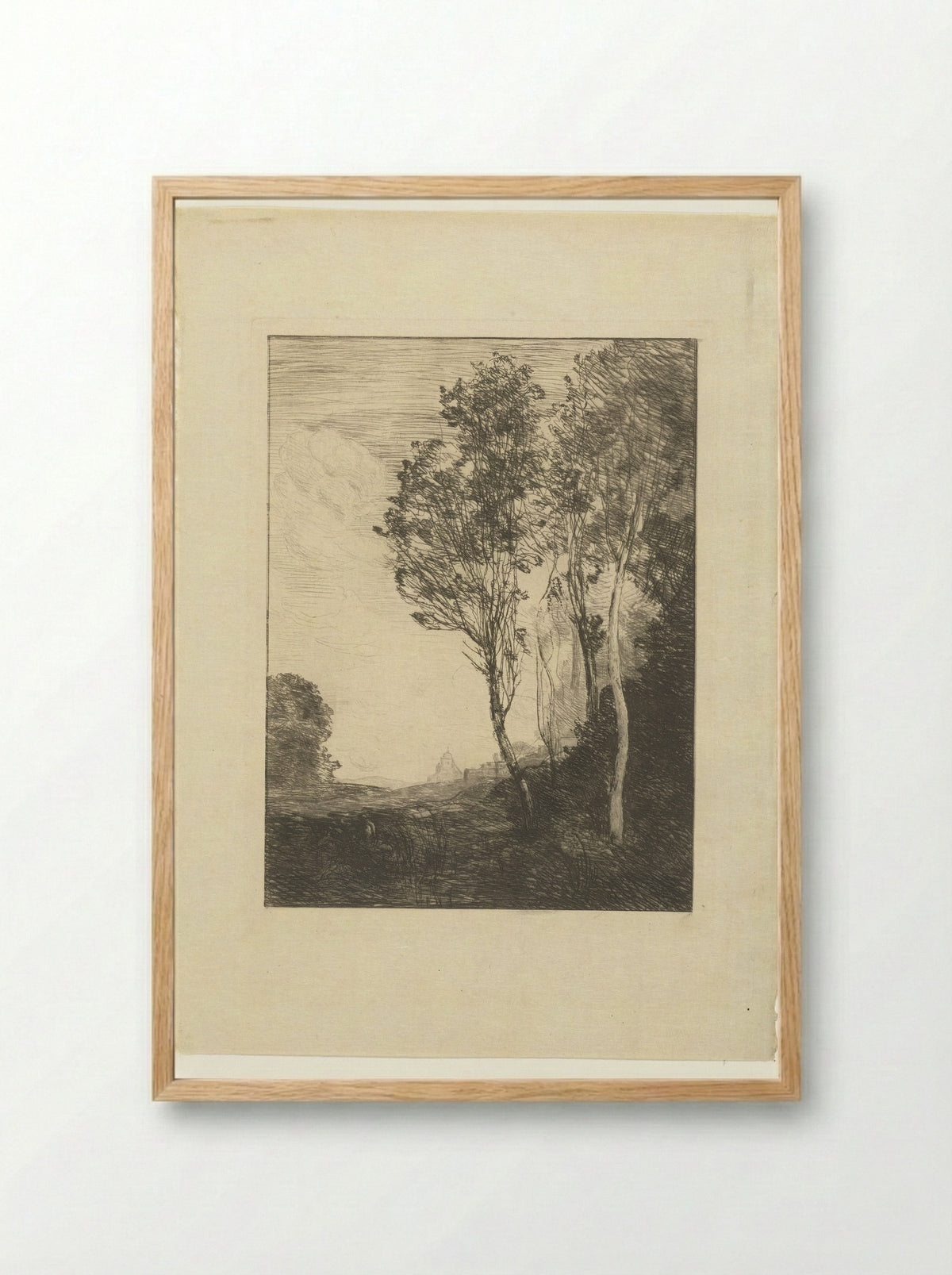 Italiaans landschap met bomen en kerk - Camille Corot - Framed Print Wood