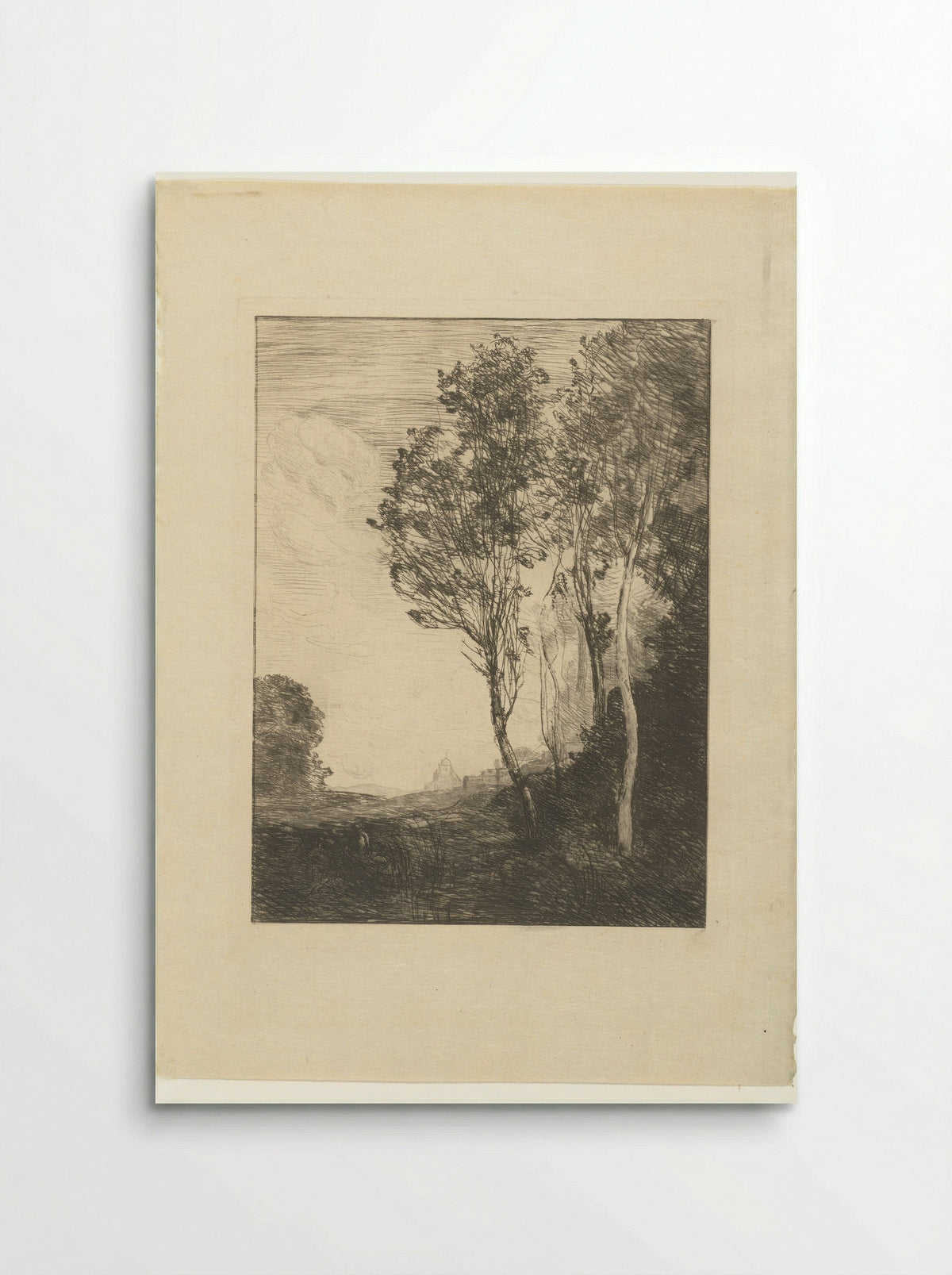 Italiaans landschap met bomen en kerk - Camille Corot - Poster