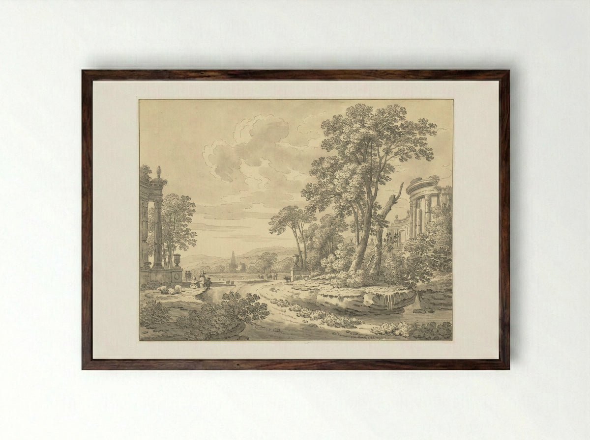 Italiaans landschap met ruïnes - Johann Heinrich Müntz - Framed Print Dark Wood