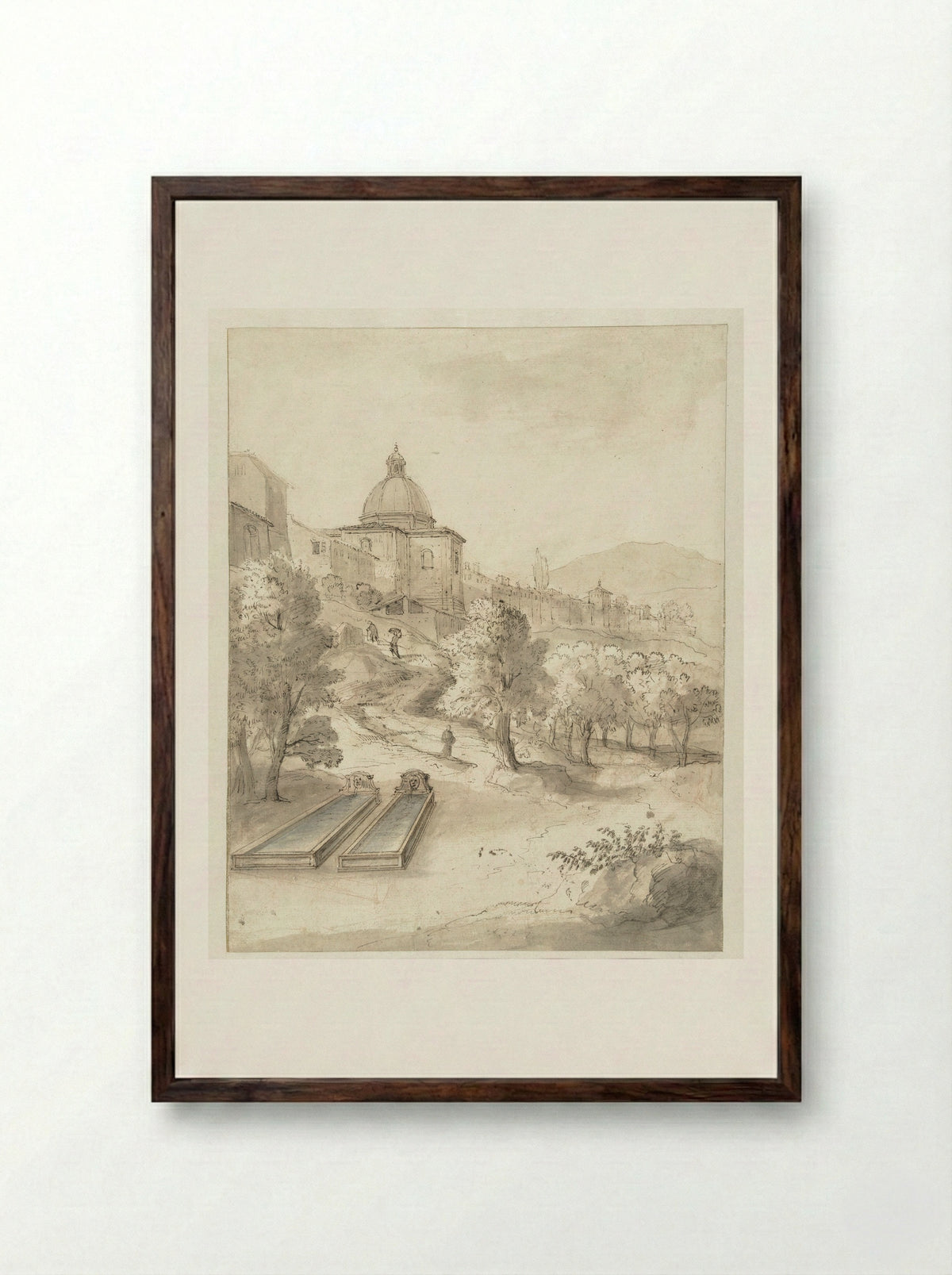 Italian Hill Town with Fountains - Caspar van Wittel - Framed Print Dark Wood