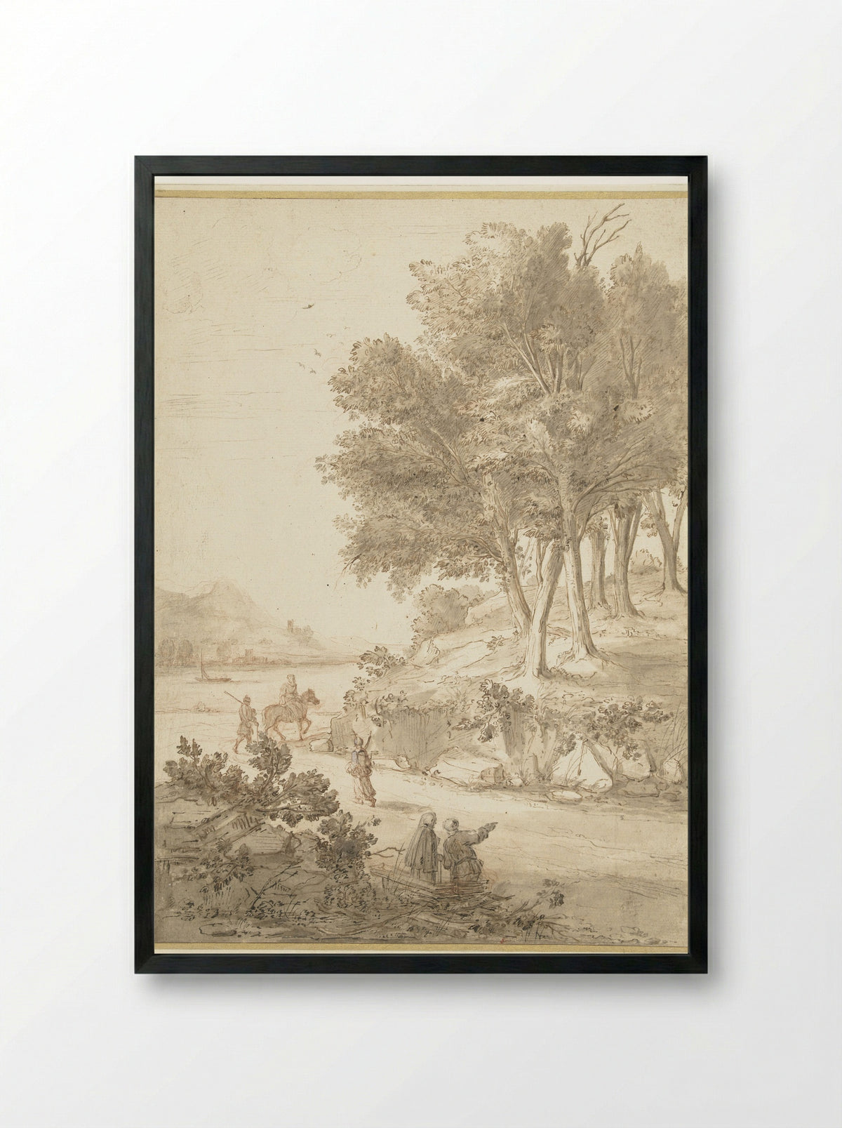 Italian Landscape with Figures on a Road and a River - Caspar van Wittel - Framed Print Black