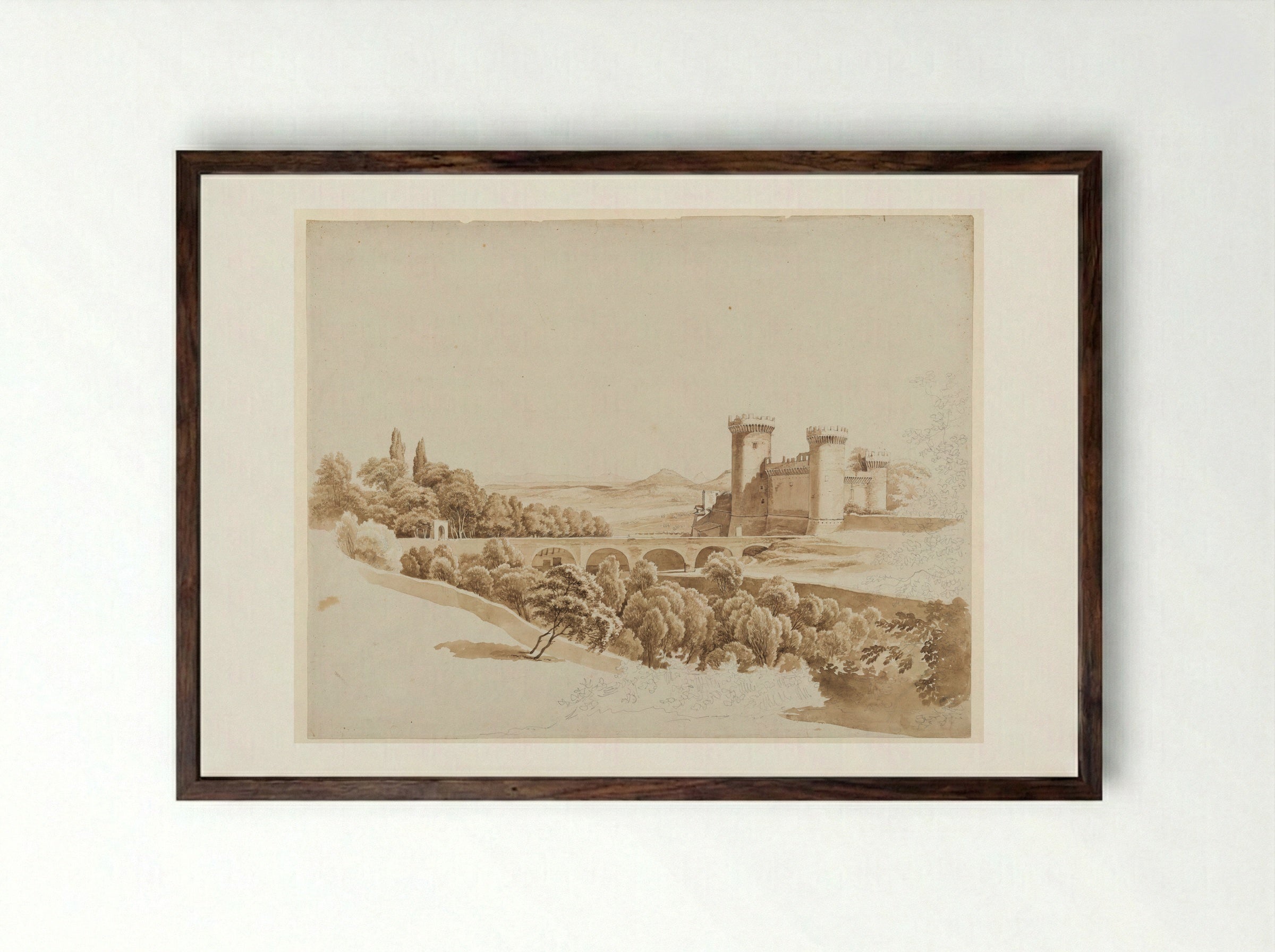 Italian Landscape with a Bridge and a Castle - Hendrik Voogd - Framed Print Dark Wood