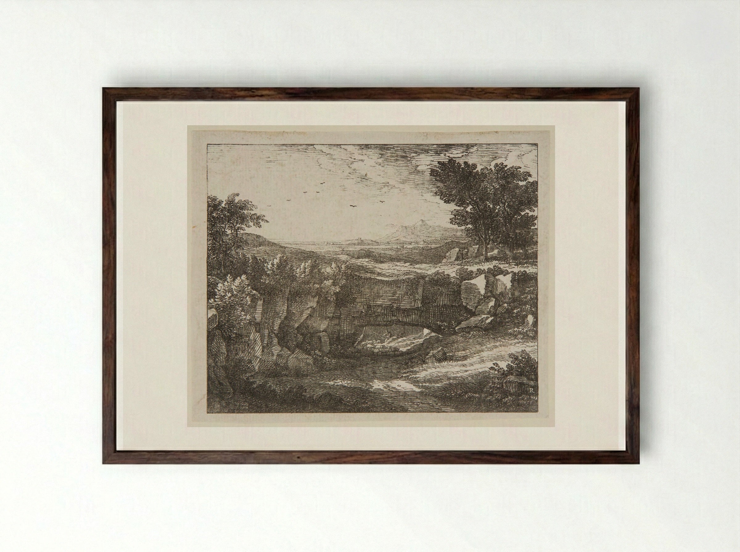 Italian Landscape with a Shepherd Driving His Flock Beneath a Natural Arch - Johann Christian Reinhart - Framed Print Dark Wood