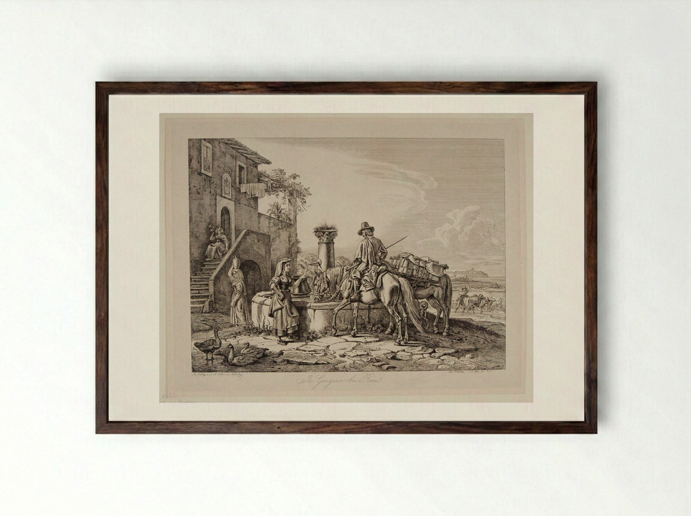 Italian Peasants at a Fountain - Johann Adam Klein - Framed Print Dark Wood