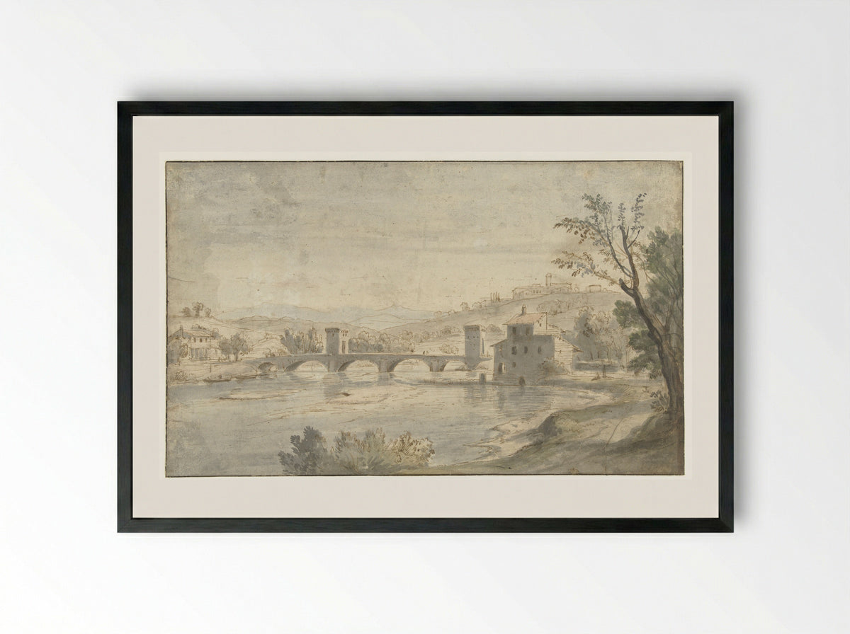 Italian River Scene with a Bridge - Caspar van Wittel - Framed Print Black