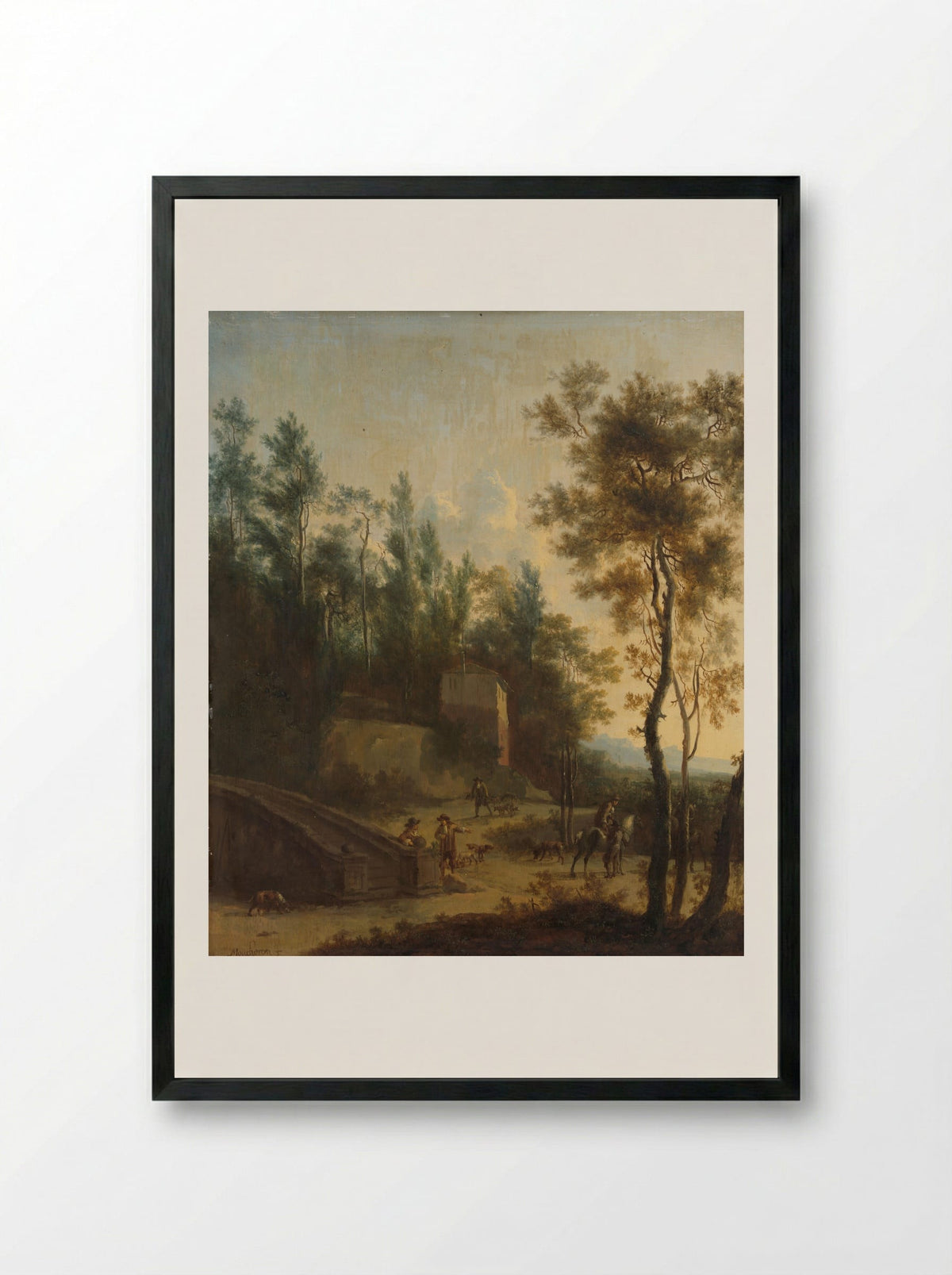 Italianate Landscape with Hunters - Frederik de Moucheron - Framed Print Black