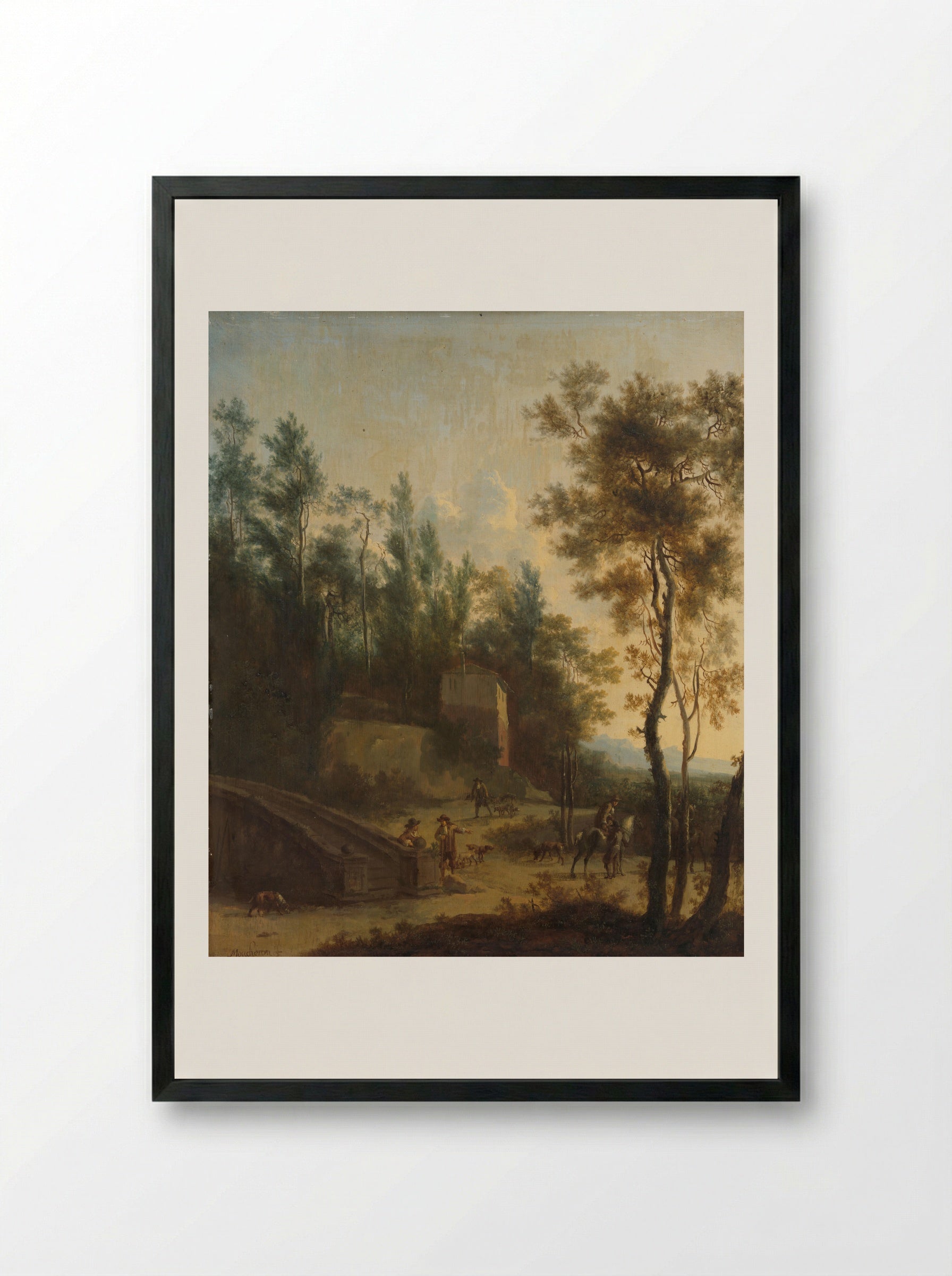 Italianate Landscape with Hunters - Frederik de Moucheron - Framed Print Black