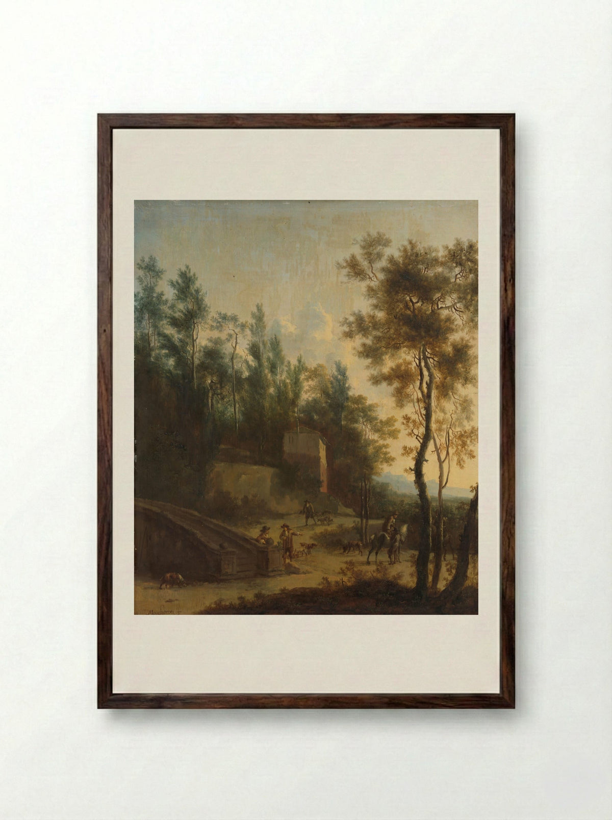 Italianate Landscape with Hunters - Frederik de Moucheron - Framed Print Dark Wood
